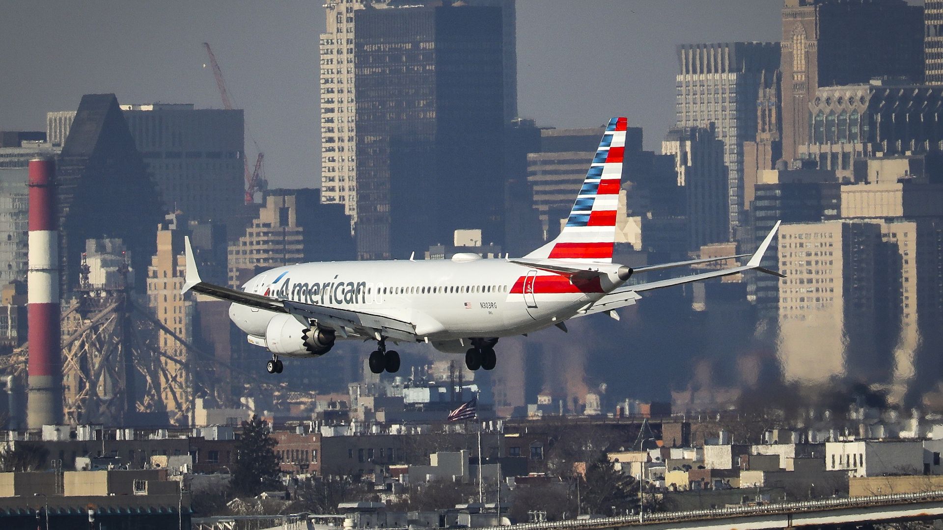 An American Airlines Boeing 737 8Max lands in New York City.