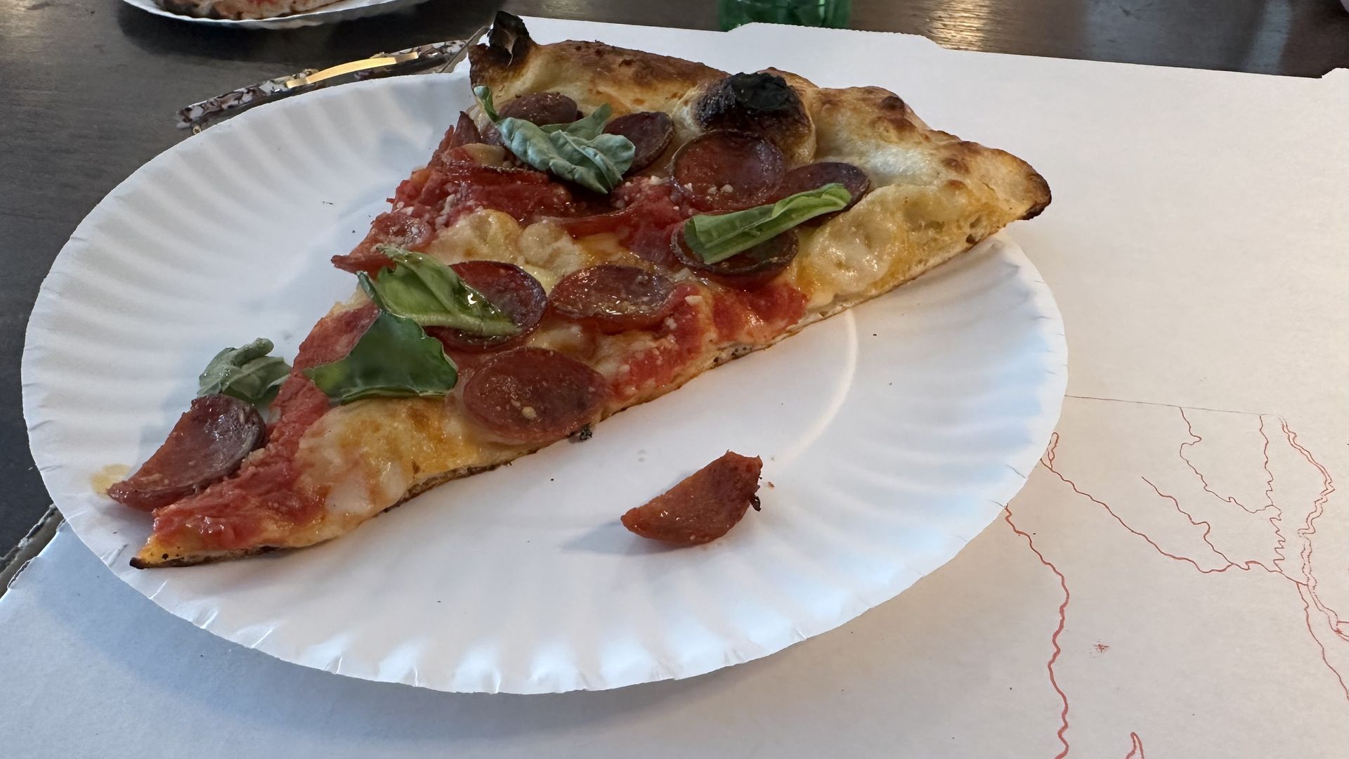 A slice of pepperoni pizza sits on top of a white paper plate on top of a pizza box.