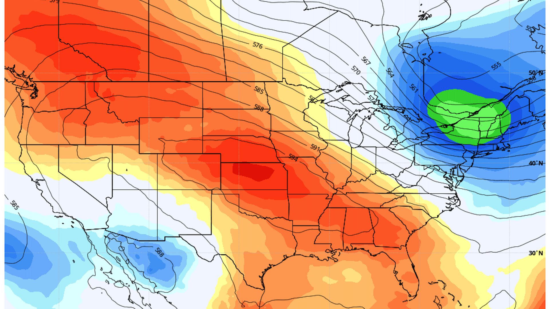 Weather map showing orange and red draped across the Central U.S. where a heat wave is occurring.