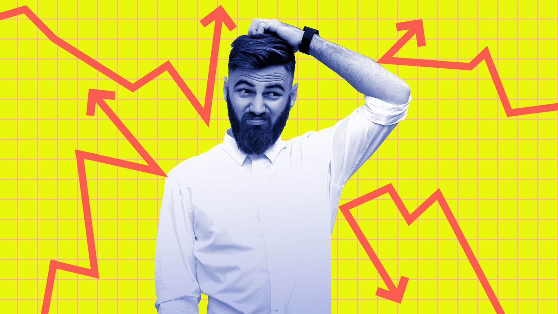 illustration of bearded man scratching his head against a background of wild charts