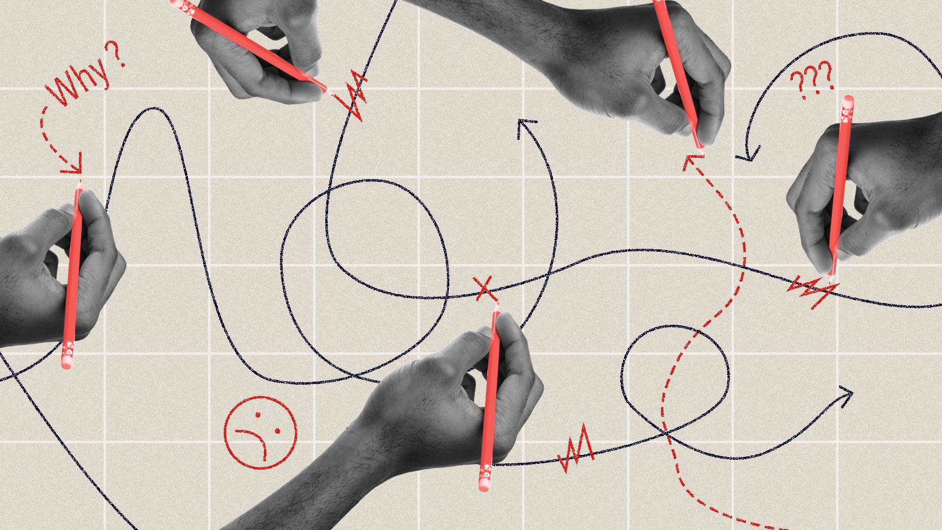 Illustration of a chart with with hands drawing loops, arrows, x's, cross outs, and words indicating confusion.