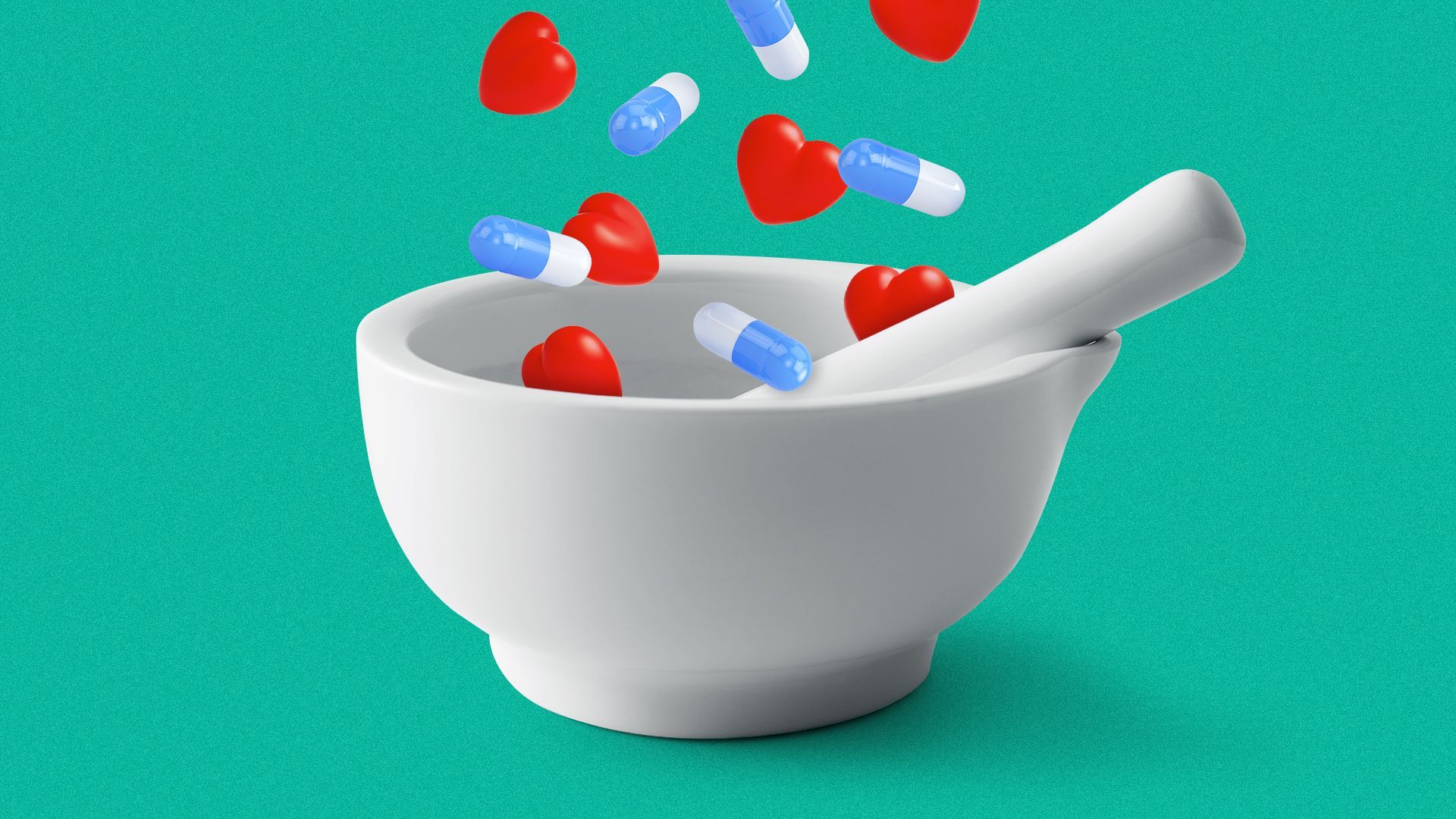 Illustration of a mortar and pestle with hearts and pills falling into the mortar. 