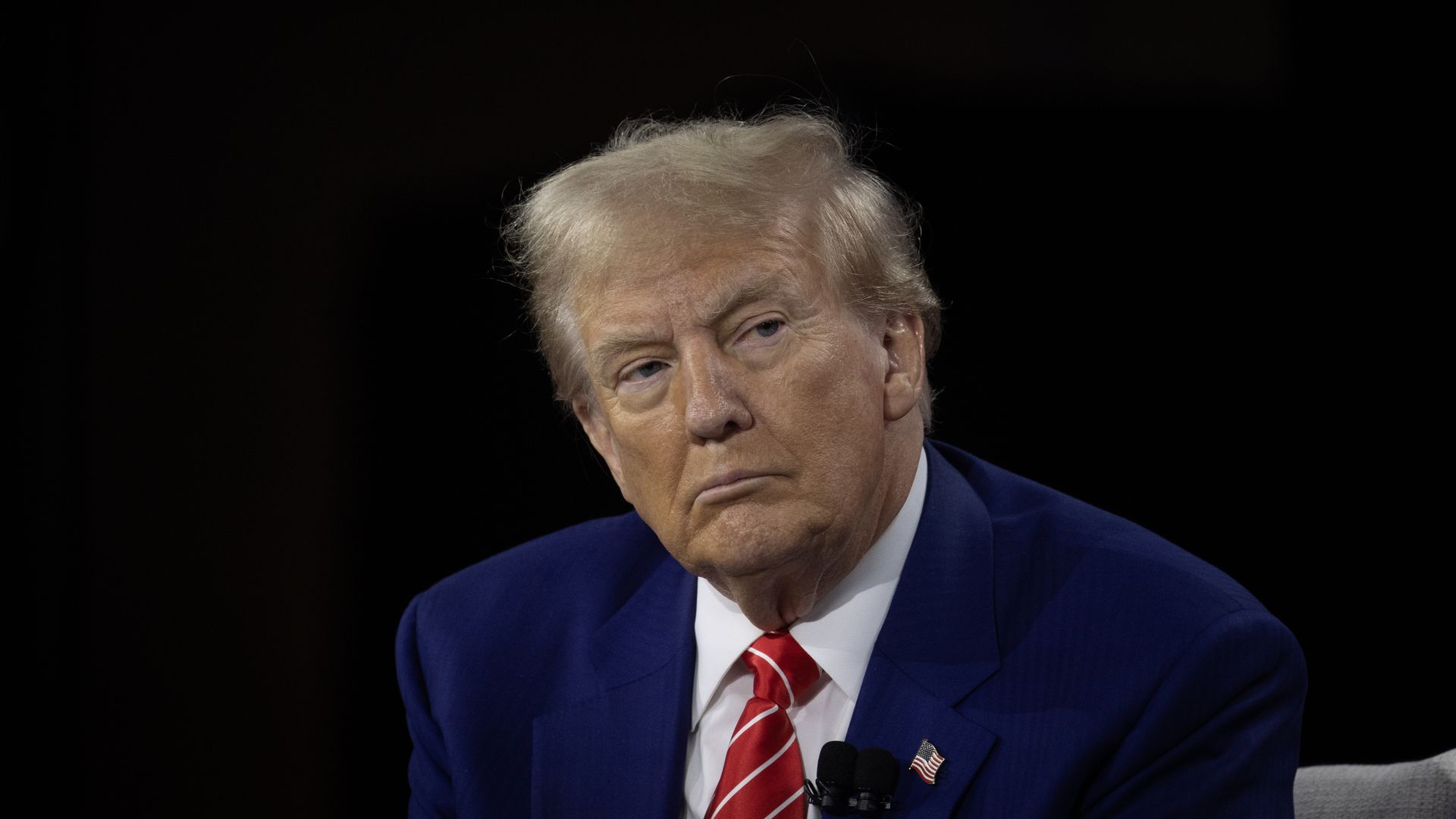 Republican presidential nominee former President Donald Trump Is interviewed by Bloomberg News Editor-in-Chief John Micklethwait during a luncheon hosted by the Economic Club of Chicago on October 15 2024 in Chicago Illinois