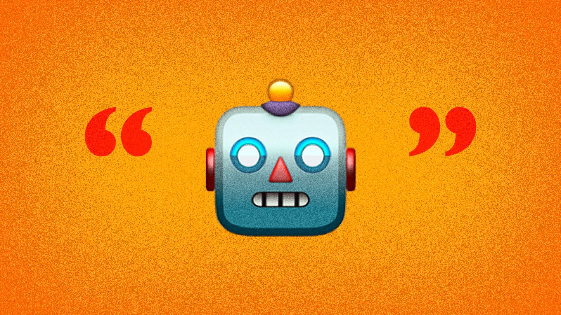 Illustration of a robot emoji inside quotation marks.