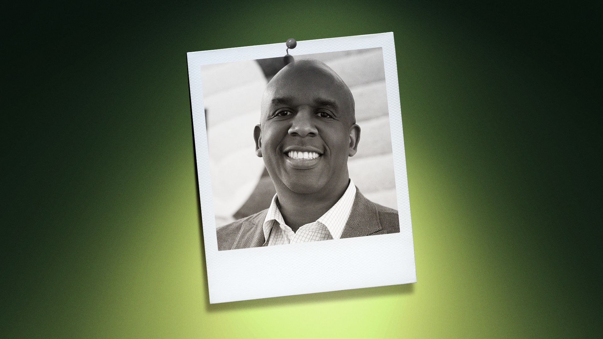 Photo illustration of Tim Humphrey, site lead of IBM's Research Triangle Park office, in the center of a Polaroid photo under a green spotlight.