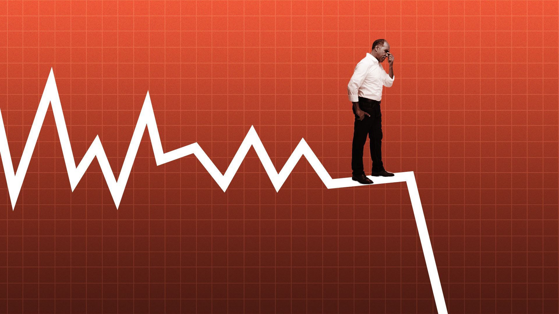 Illustration showing a declining graph with a person standing on top of the line with their hand on their forehead.