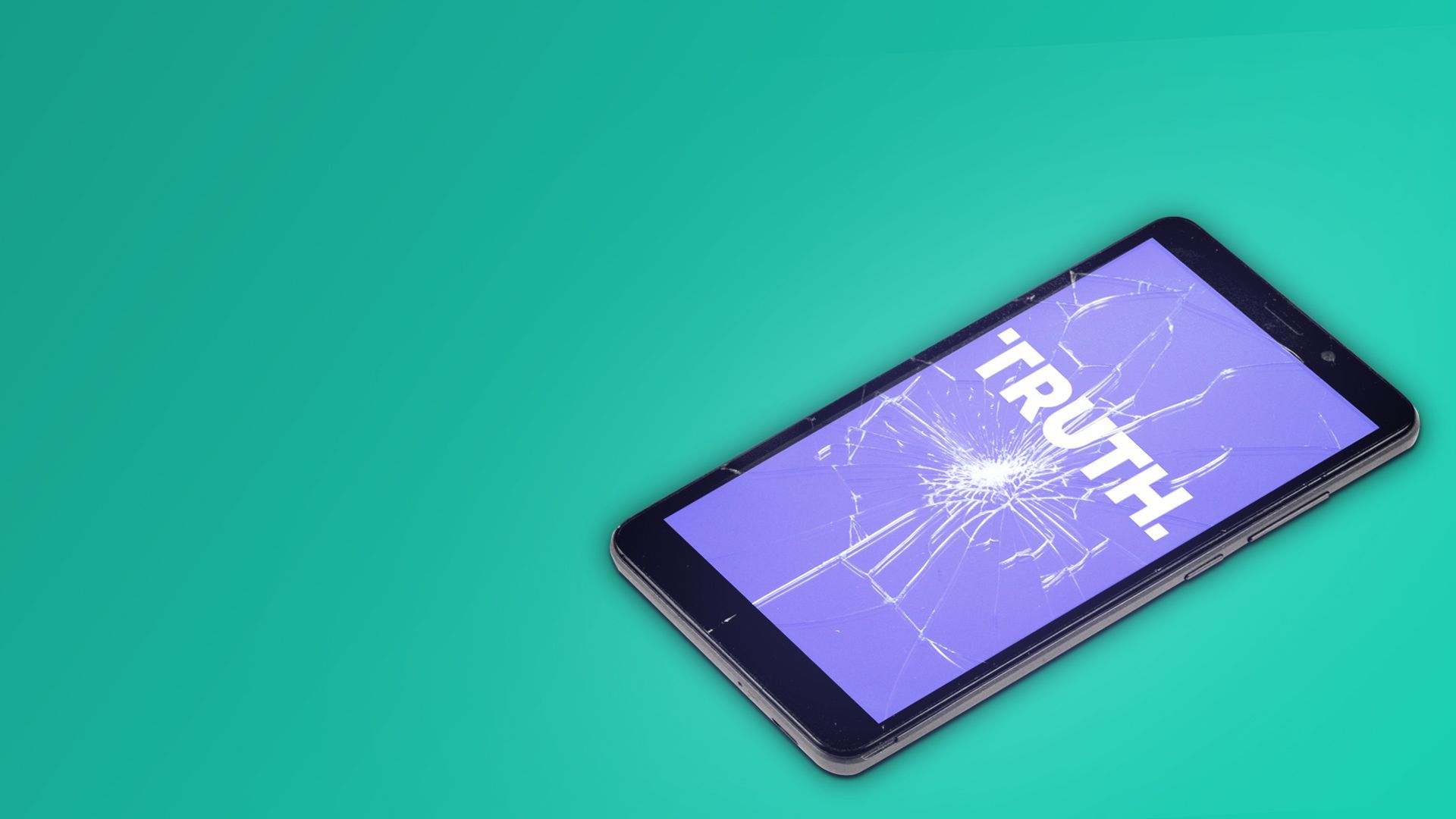 Illustration of a cell phone displaying the Truth Social app logo on a shattered screen.  