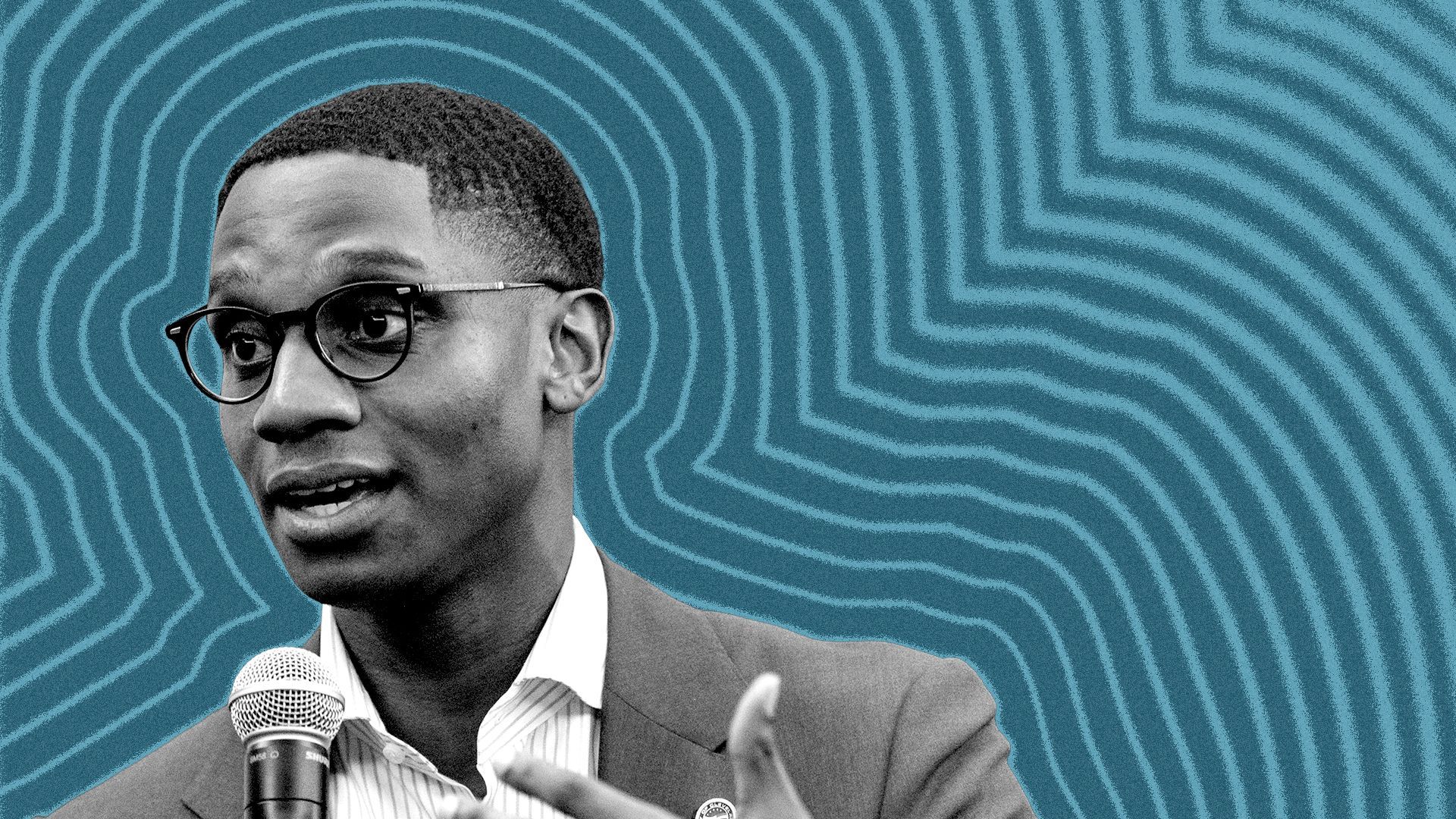 Photo illustration of Cleveland Mayor Justin Bibb with lines radiating from him.