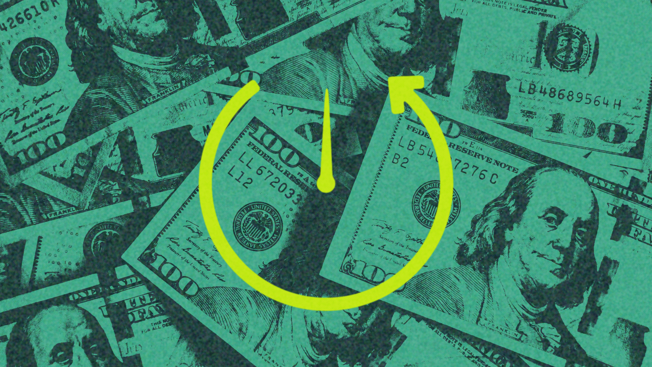 Animated illustration of backward running clock hands with a circular arrow around it rotating counter-clockwise, over a background of hundred dollar bills.