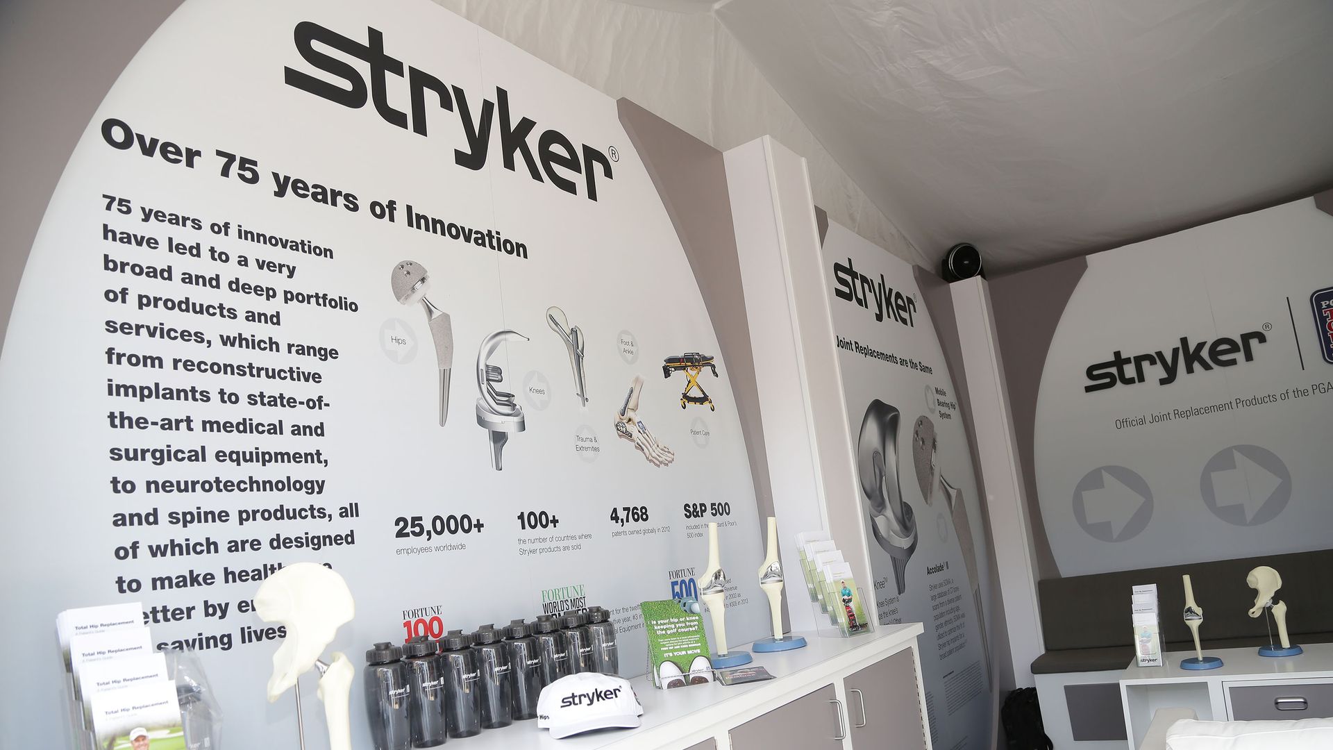 A Stryker exhibit of joint replacement implants.