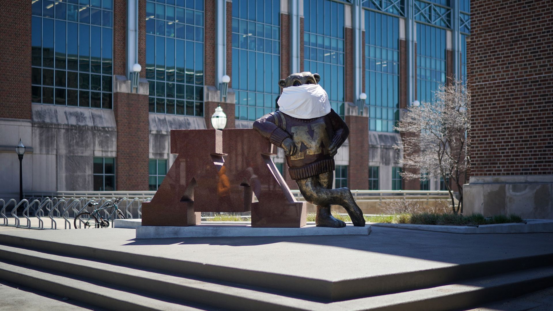 university of minnesota mascot gopher in front of M logo
