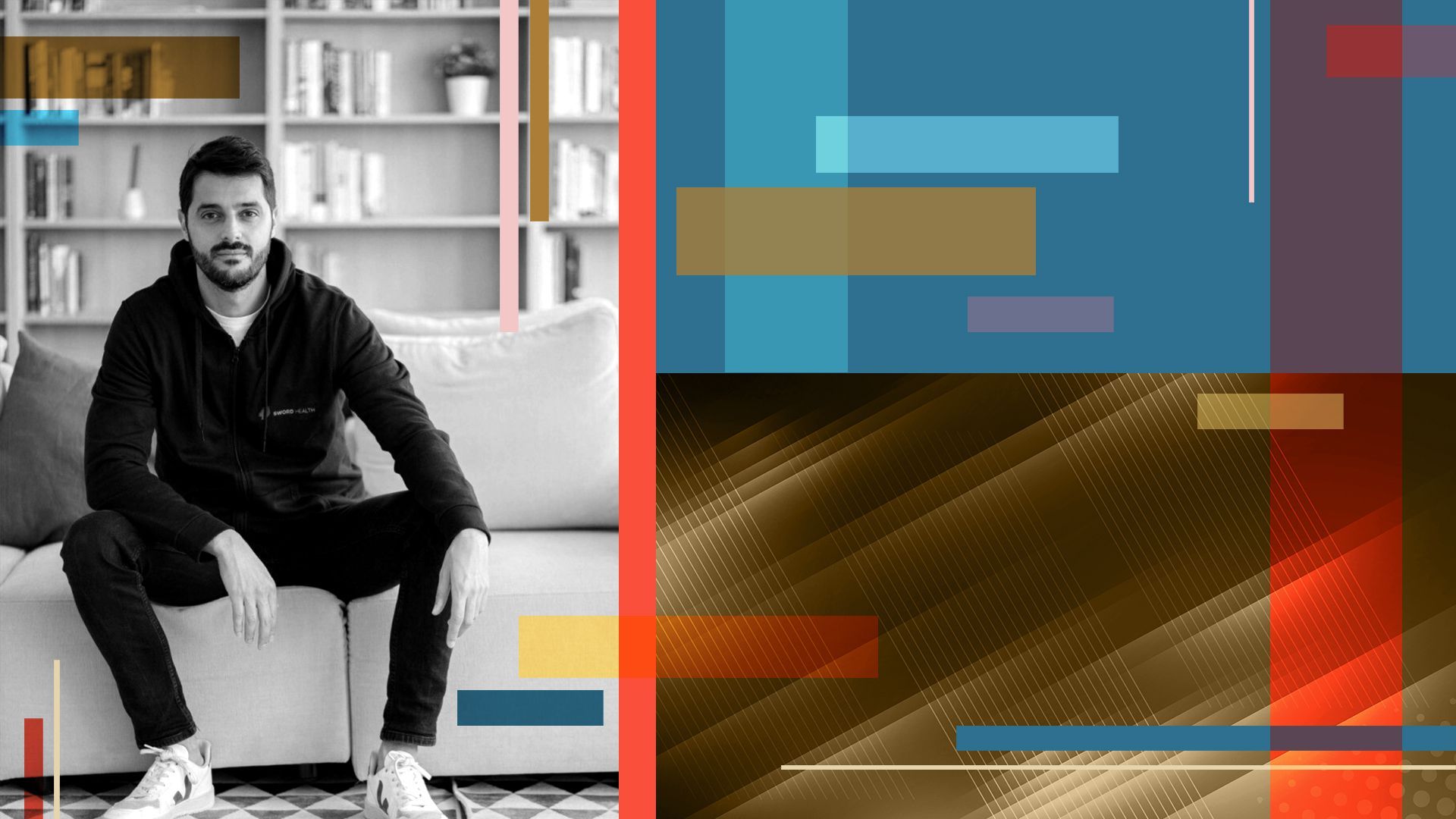 Photo illustration of Sword CEO "V" Bento, with abstract shapes.