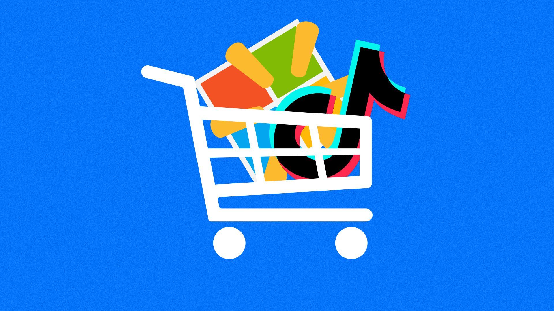 Illustration of a shopping cart with Microsoft, Walmart and Tik Tok logos. 
