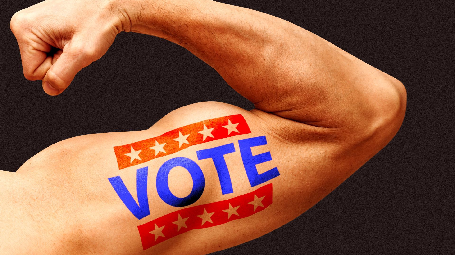 Illustration of a bare flexed arm showcasing a "VOTE" tattoo resembling a campaign pin