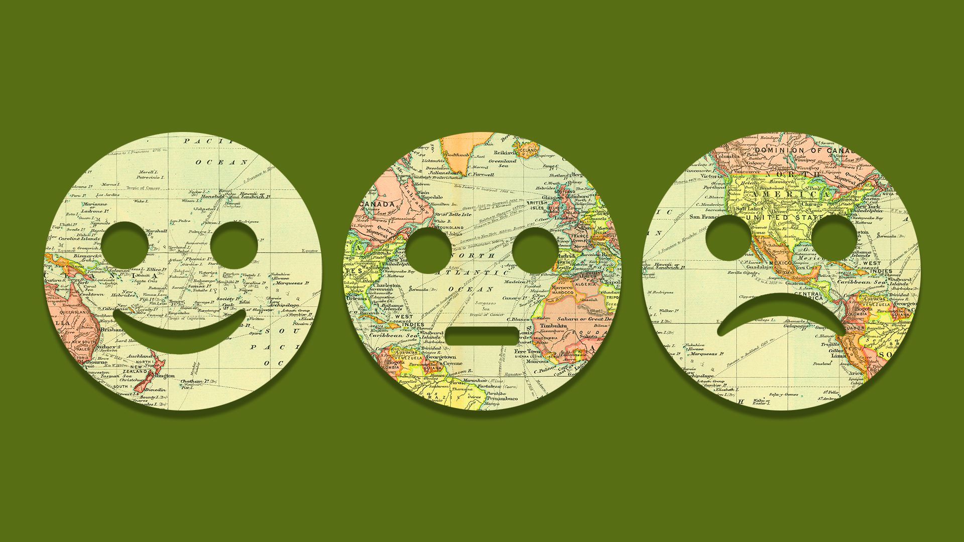 Illustration of a smiley face, a neutral face and a frowning face with a world map overlay