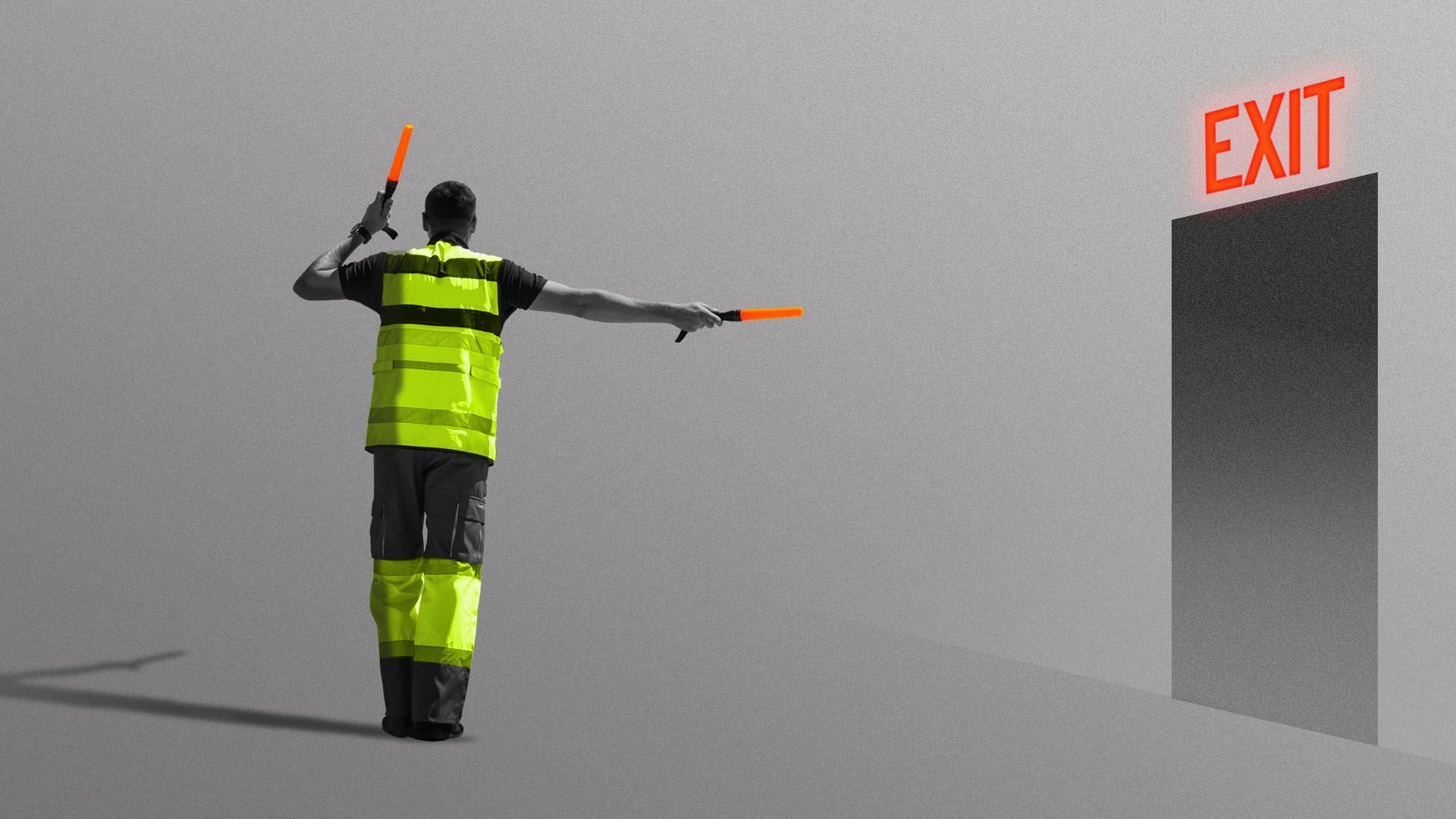 Illustration of an aviation marshall directing traffic towards an exit door