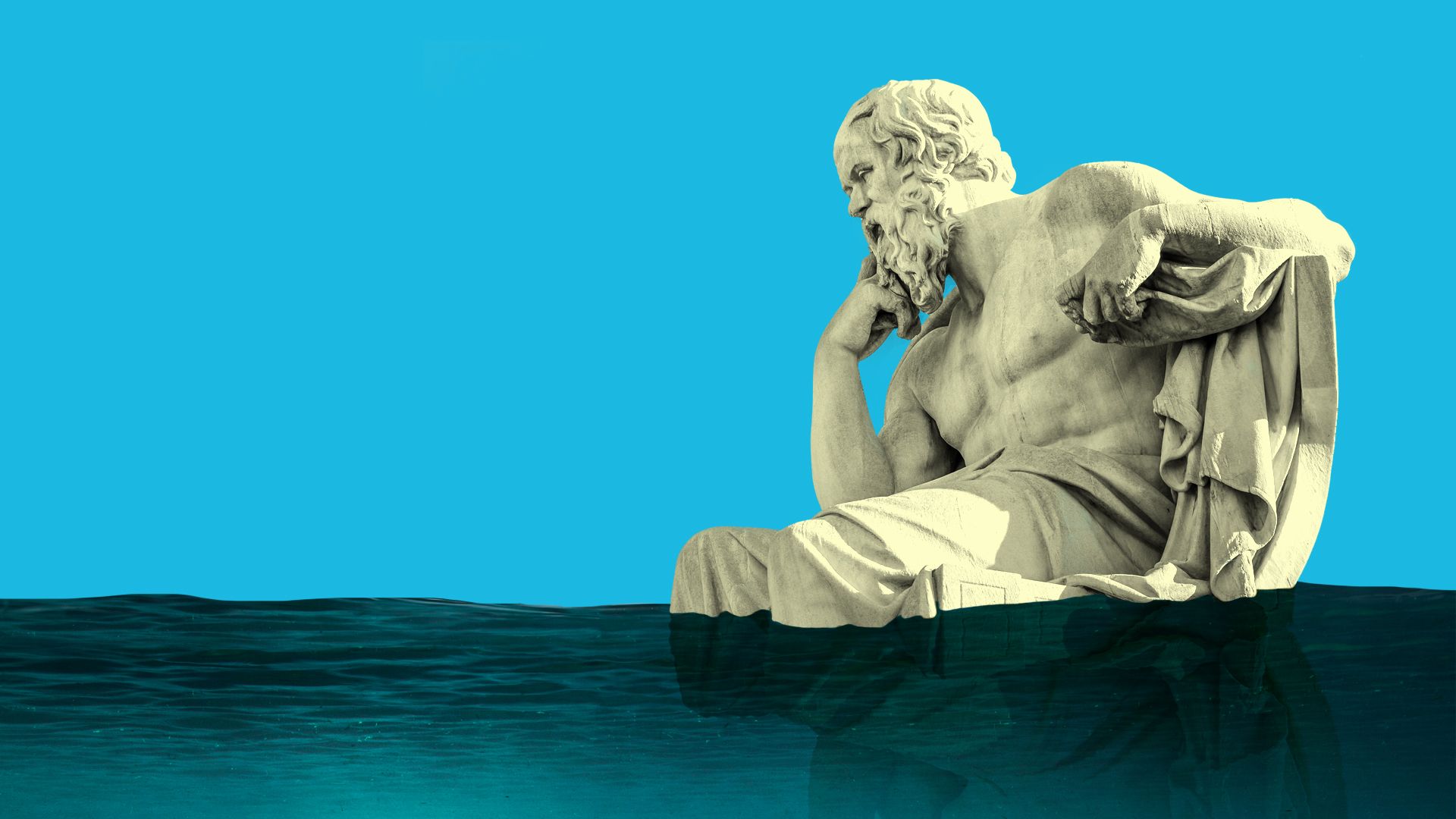 Illustration of Socrates statue surrounded by rising water, as sea level rise threatens cultural sites.