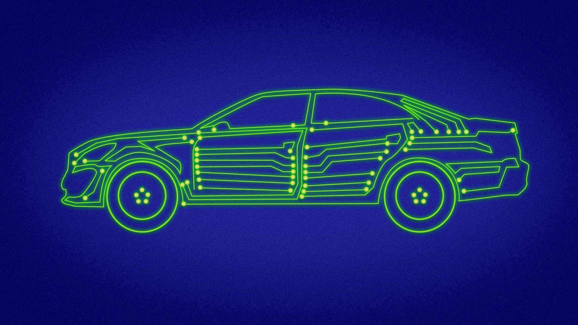 Illustration of a car made out of circuitry 