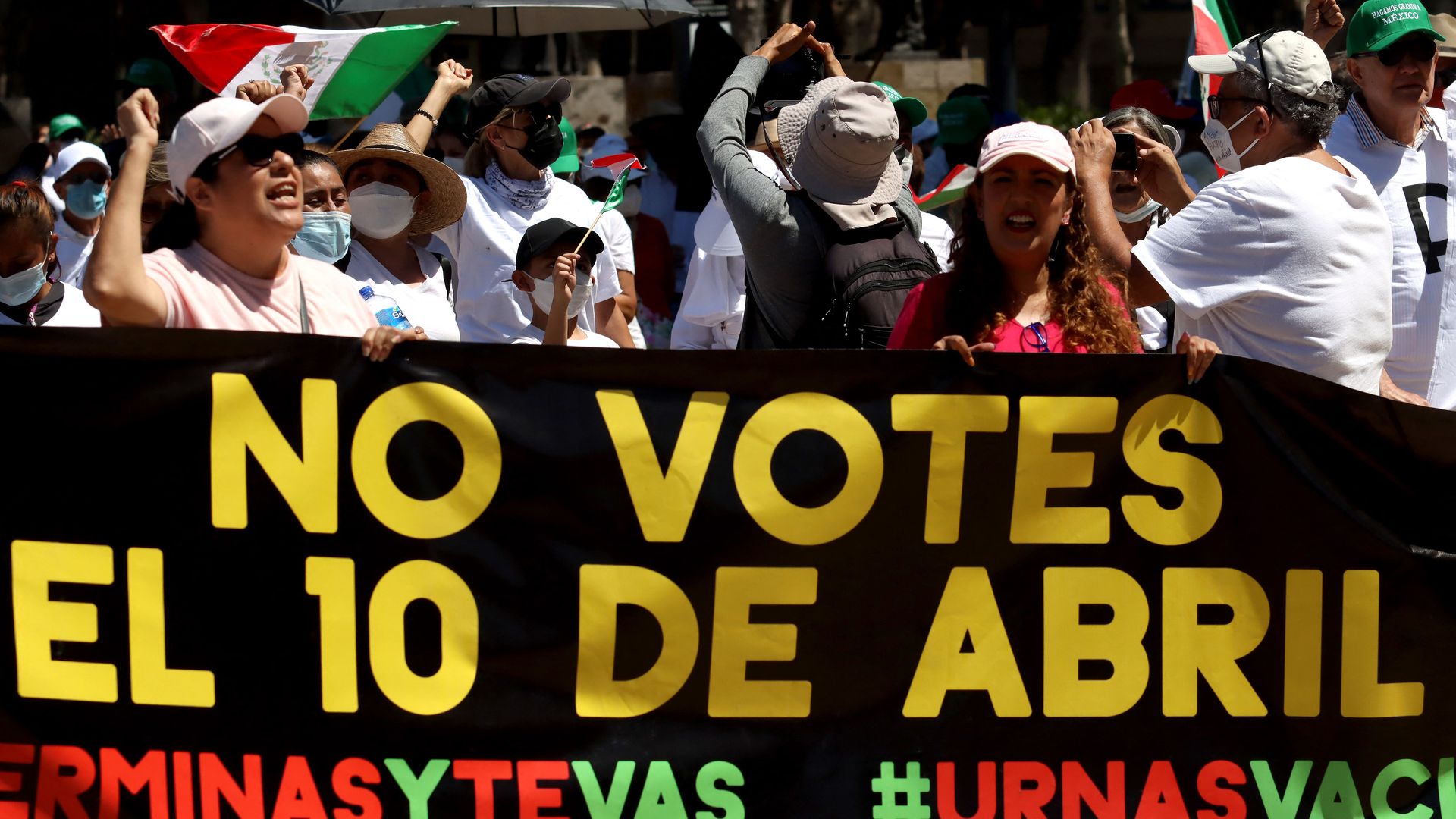 Opponents to Mexican President Manuel Lopez Obrador demonstrate against the presidential recall referendum that will take place next Sundayin Guadalajara, state of Jalisco, Mexico, on April 3, 2022. 
