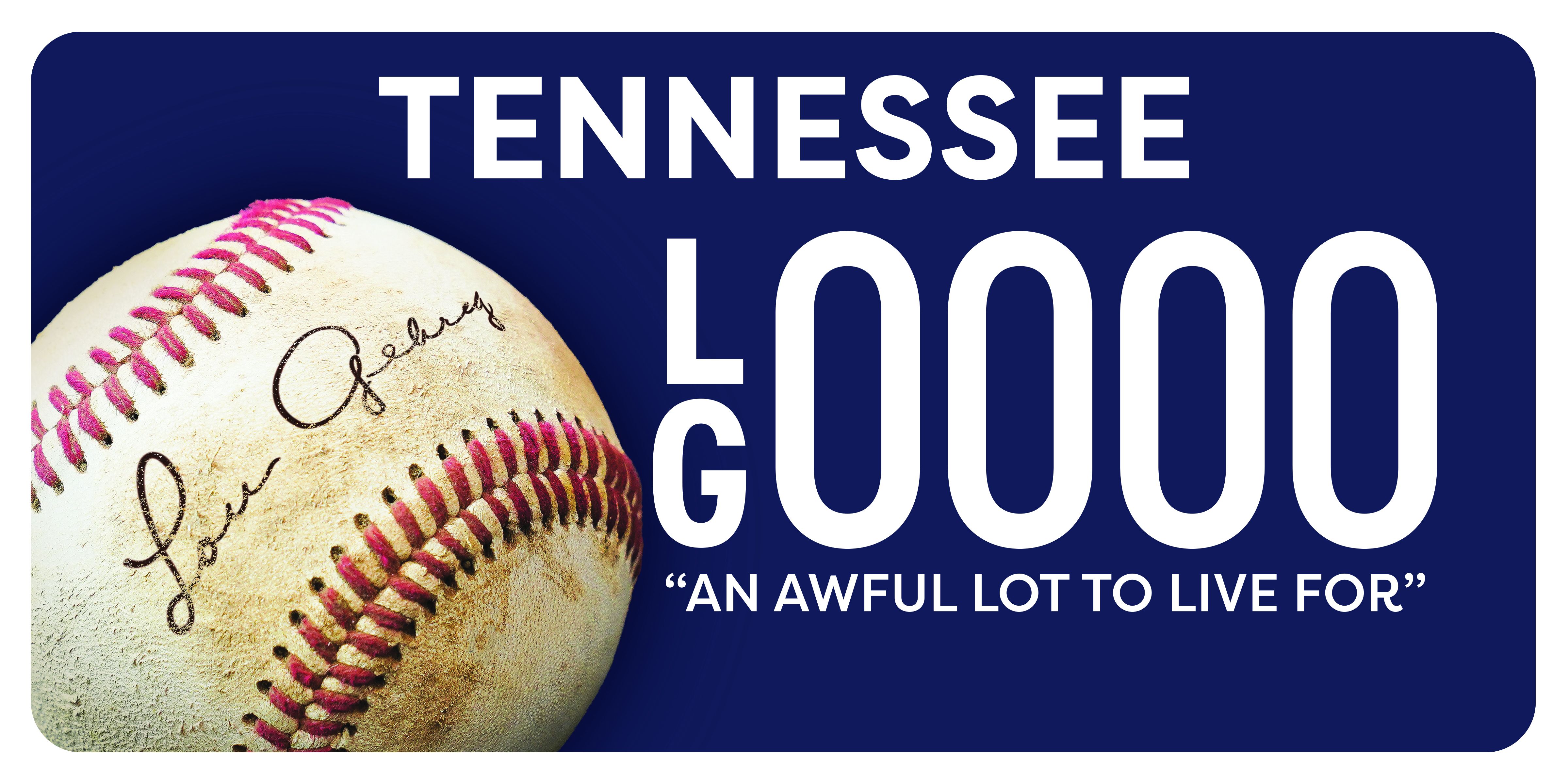 Autographed, worn baseball with pink stitching rests against a dark blue sign reading "TENNESSEE" in large white letters and the quote "AN AWFUL LOT TO LIVE FOR."
