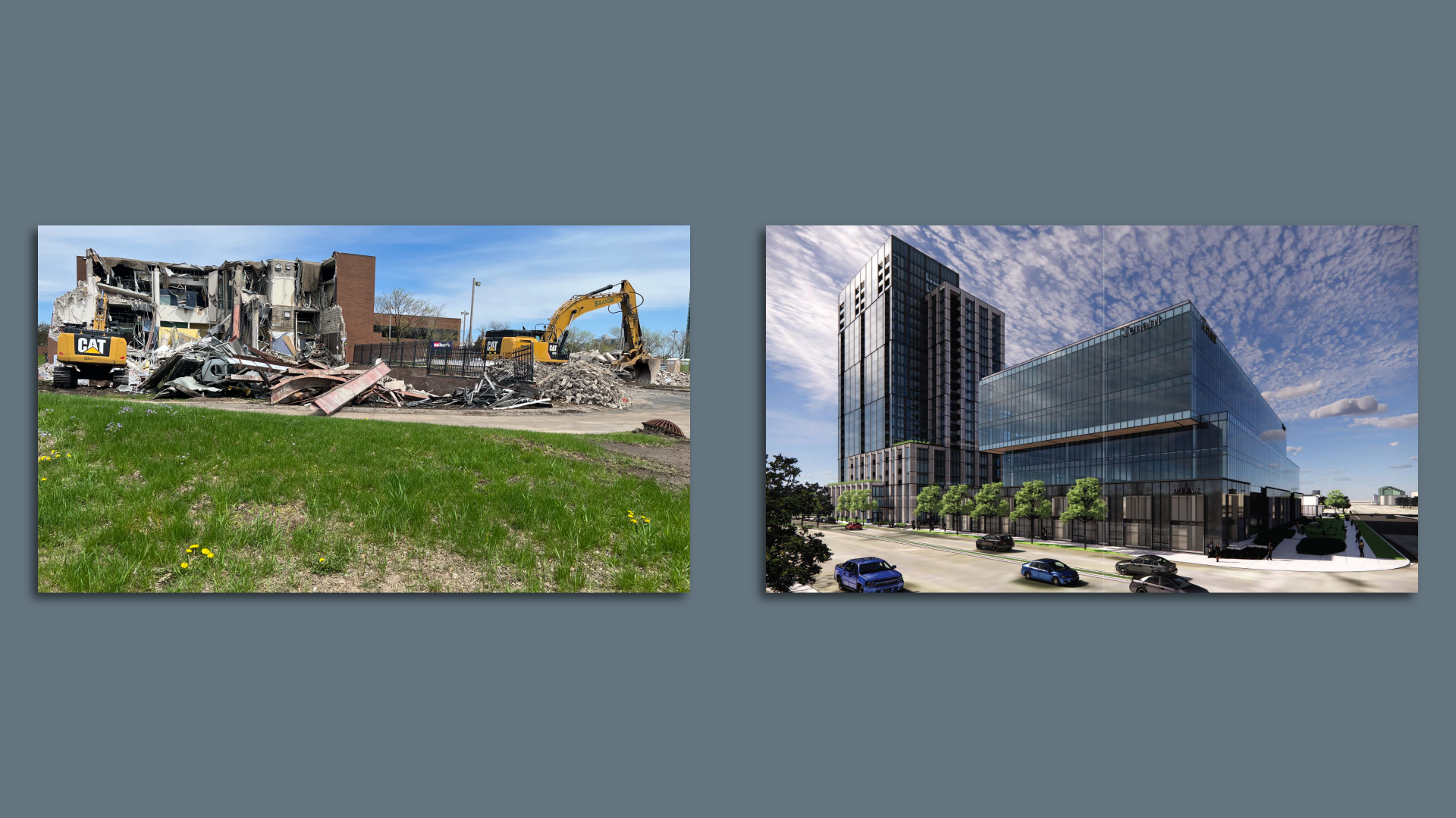 A demolished building on the left; a rendering of a new project on the right 