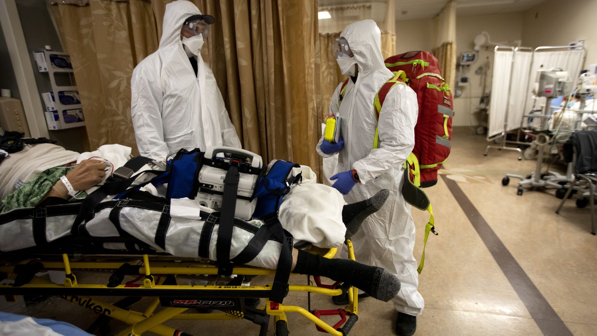The patient is covid positive and has has a stroke. The patient is being flown from Providence St. Mary Medical Center to another hospital. (Francine Orr / Los Angeles Times via Getty Images)