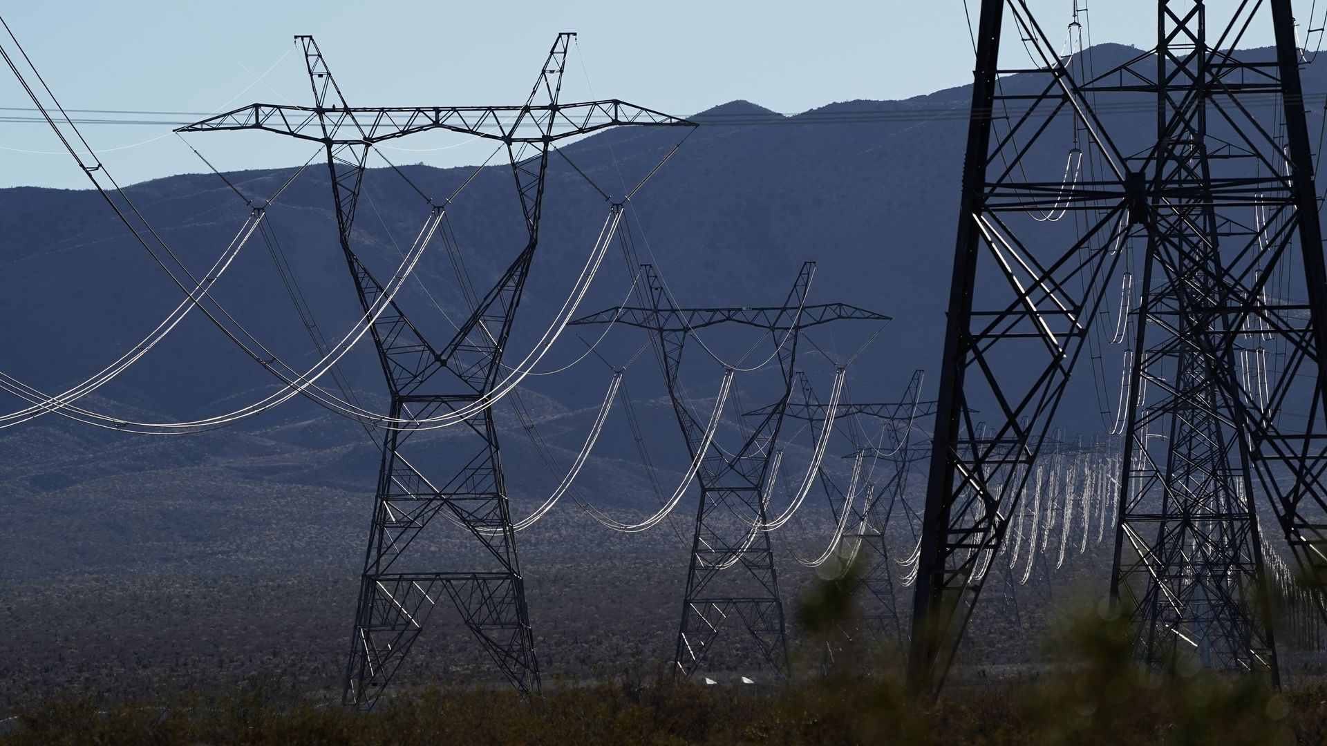 Power lines and transmission towers in the Mojave Desert in San Bernardino County, California, in February 2022.