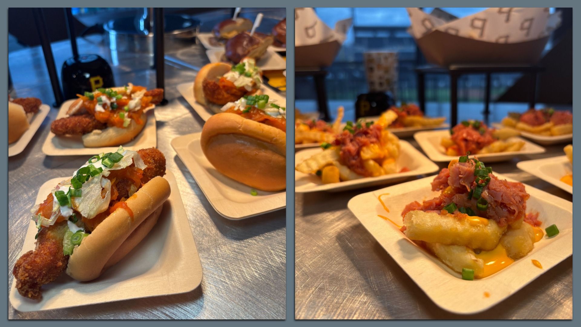 Two-panel shot of a stainless table with street-food plates. Left: fried chicken sandwich with lettuce, green onions, and orange sauce. Right: loaded fries with meat, cheese, and chives.