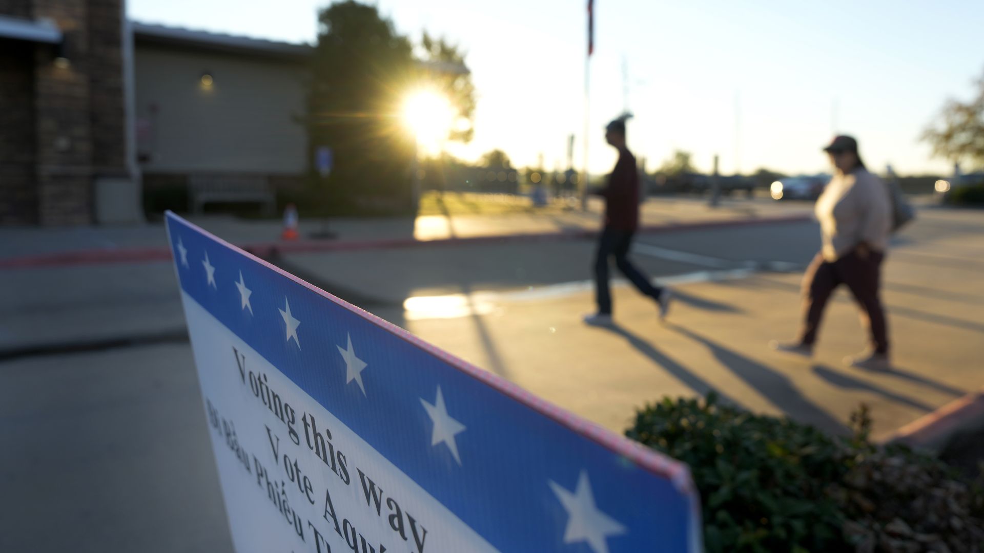 An outdoor sign that says "Voting this way." Two blurred people walk nearby with the sun setting in the background.