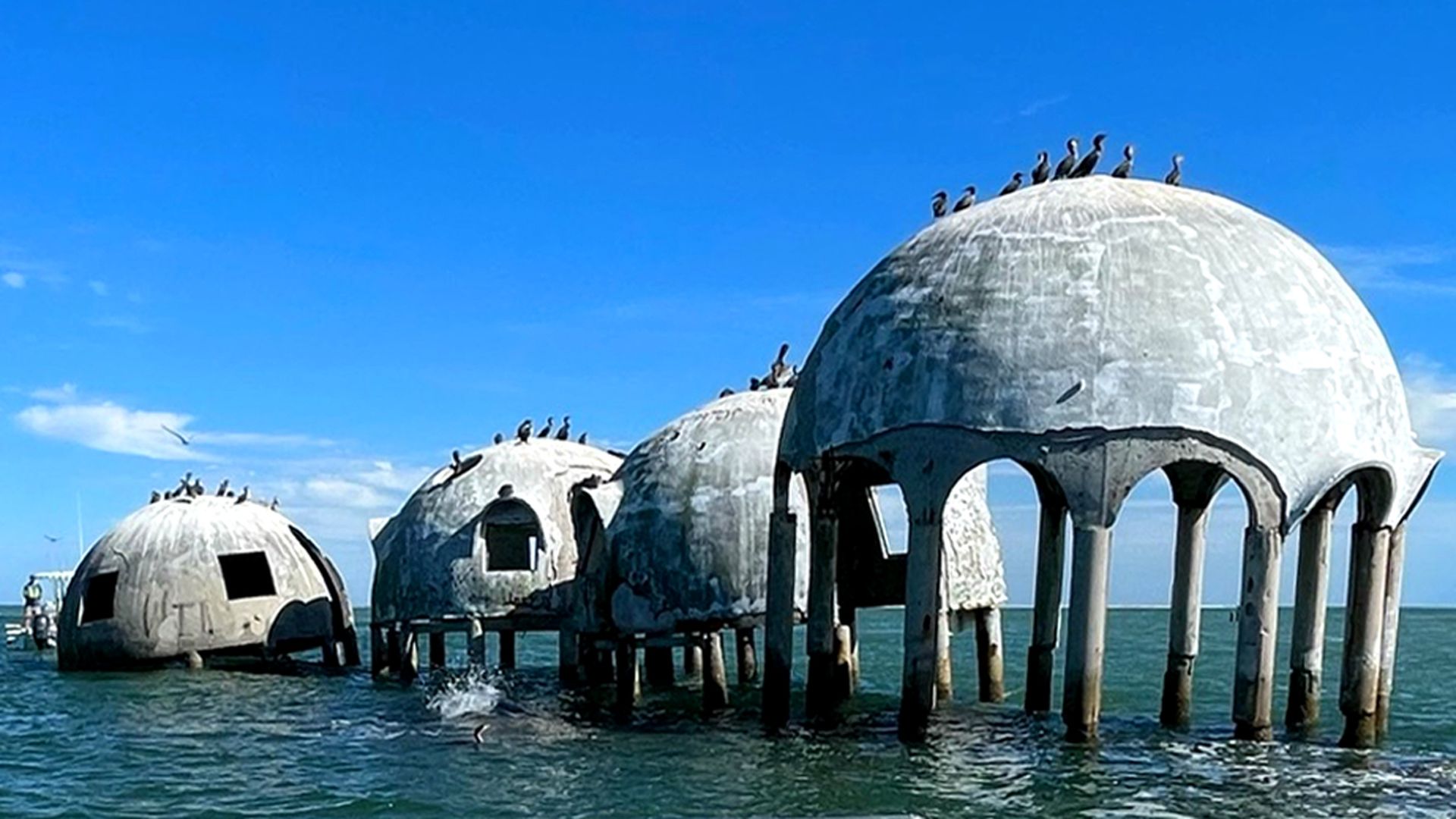 Marco Island's Cape Romano dome house with birds sitting on top of the domes.