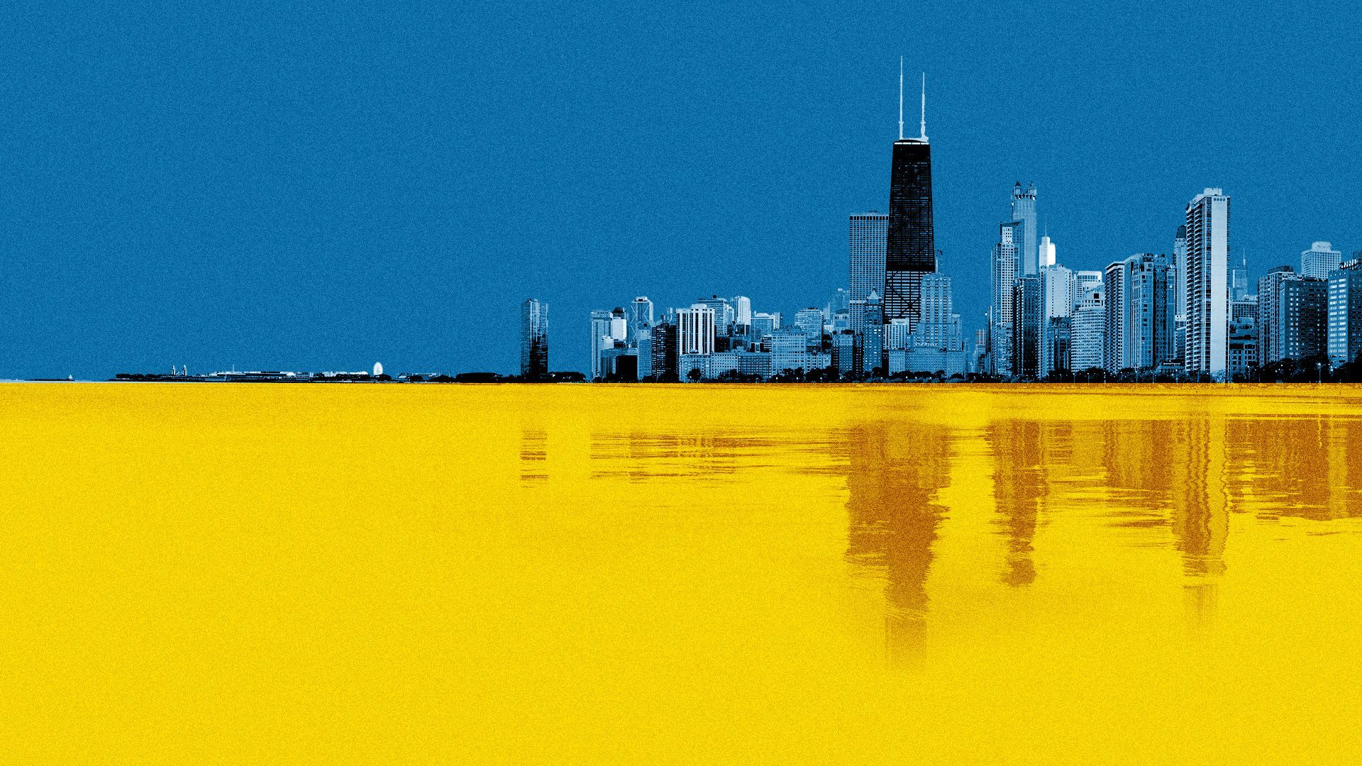 Illustration of the Chicago skyline, with the colors of the Ukraine flag forming the Horizon.