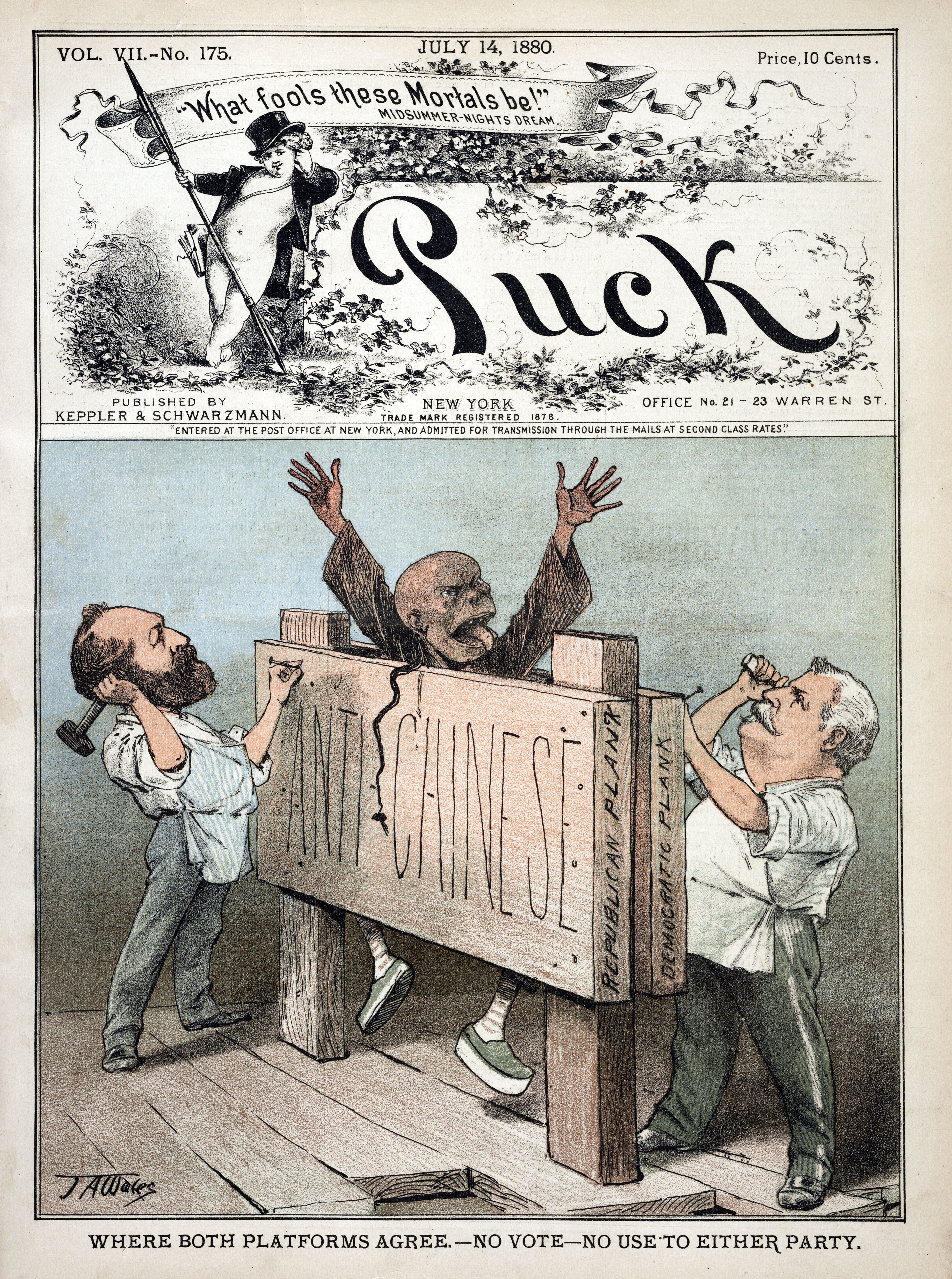 Cartoon showing two white men nailing a caricatured Chinese man between two plans that read "anti-Chinese"