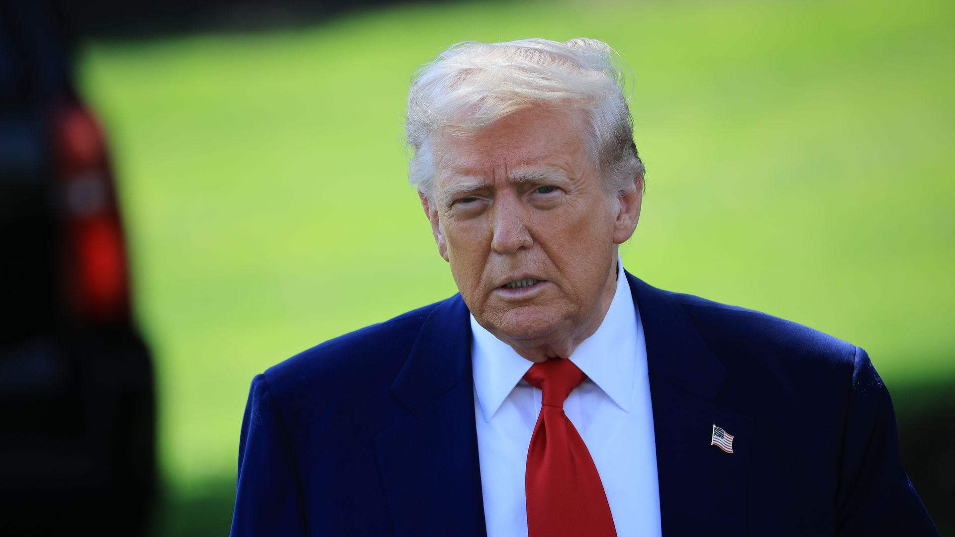 President Donald Trump walks toward members of the media prior to answering questions before boarding Marine One on the South Lawn of the White House on April 29, 2025 in Washington, DC. Trump will travel to Michigan for a 100th Day in Office rally. (Photo by Win McNamee/Getty Images