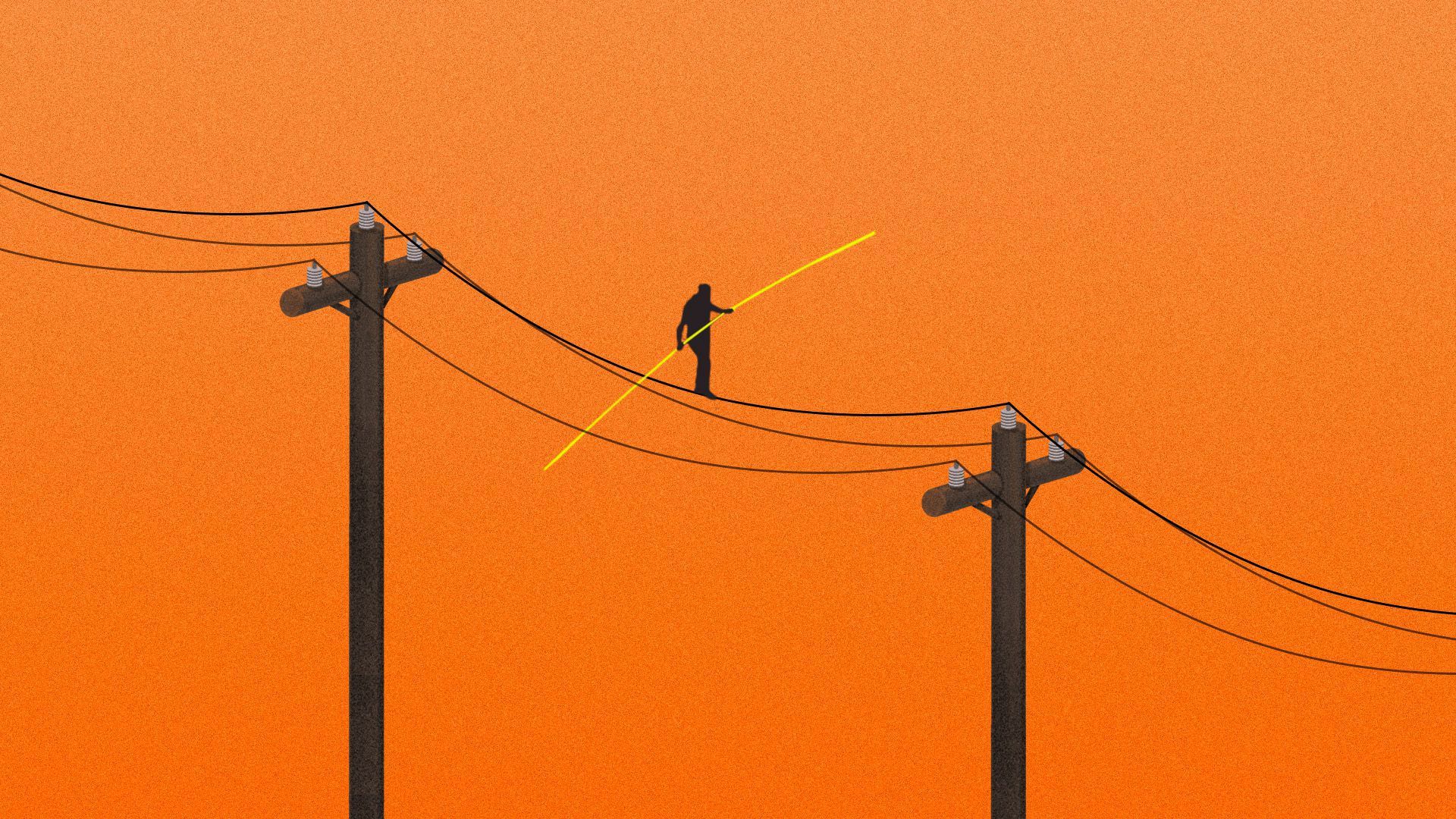 An illustration of a man tightrope walking on electrical wires.