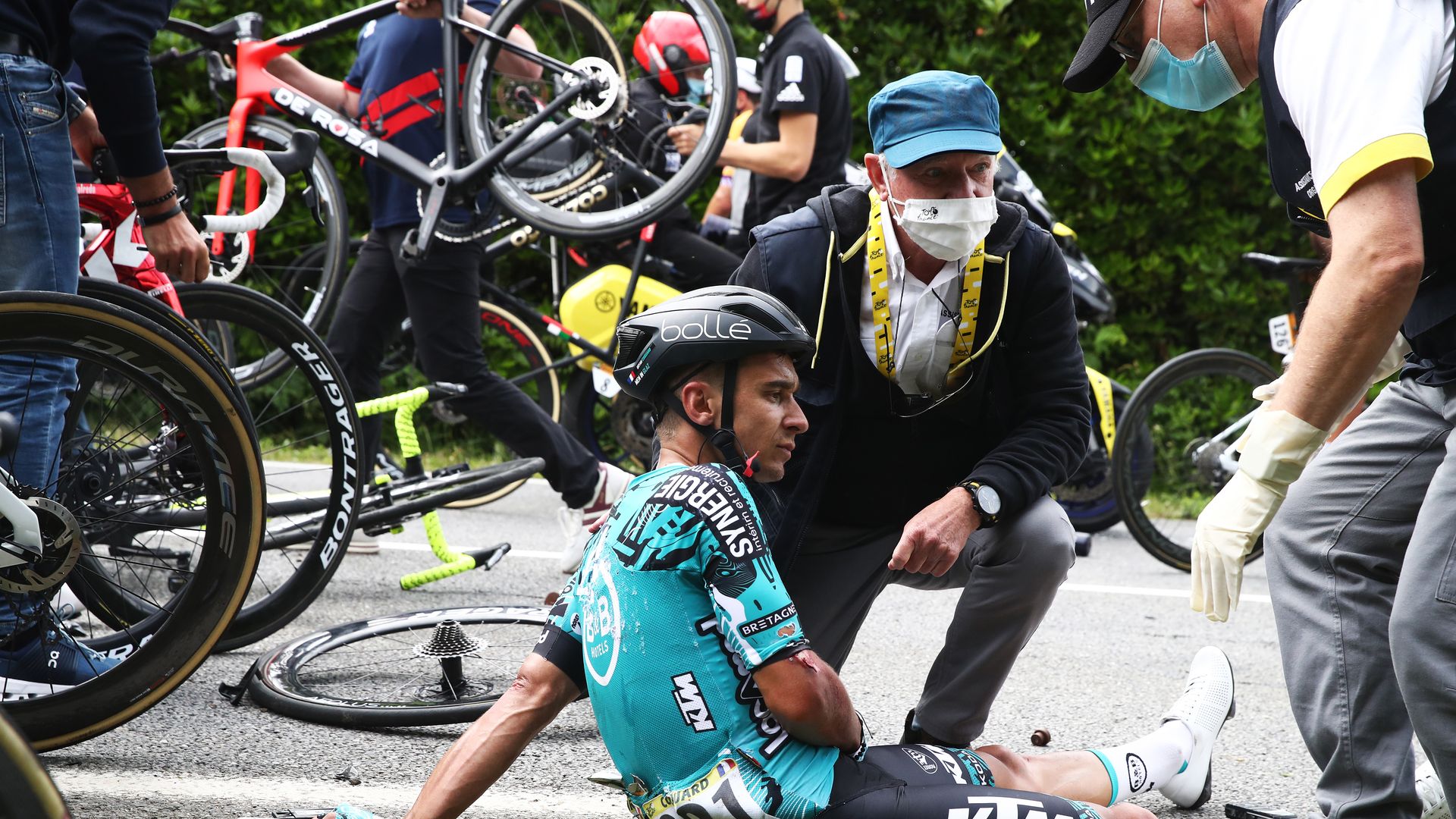 Bryan Coquard of France and Team B&B Hotels p/b KTM injury after crash during during the 108th Tour de France 2021.