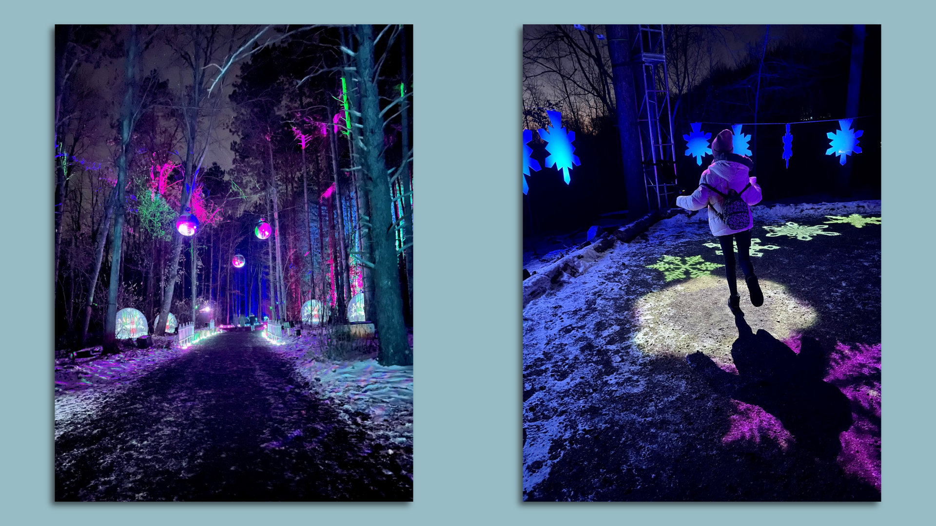 A walk-through light display with bright blue and purple wintery lights. 