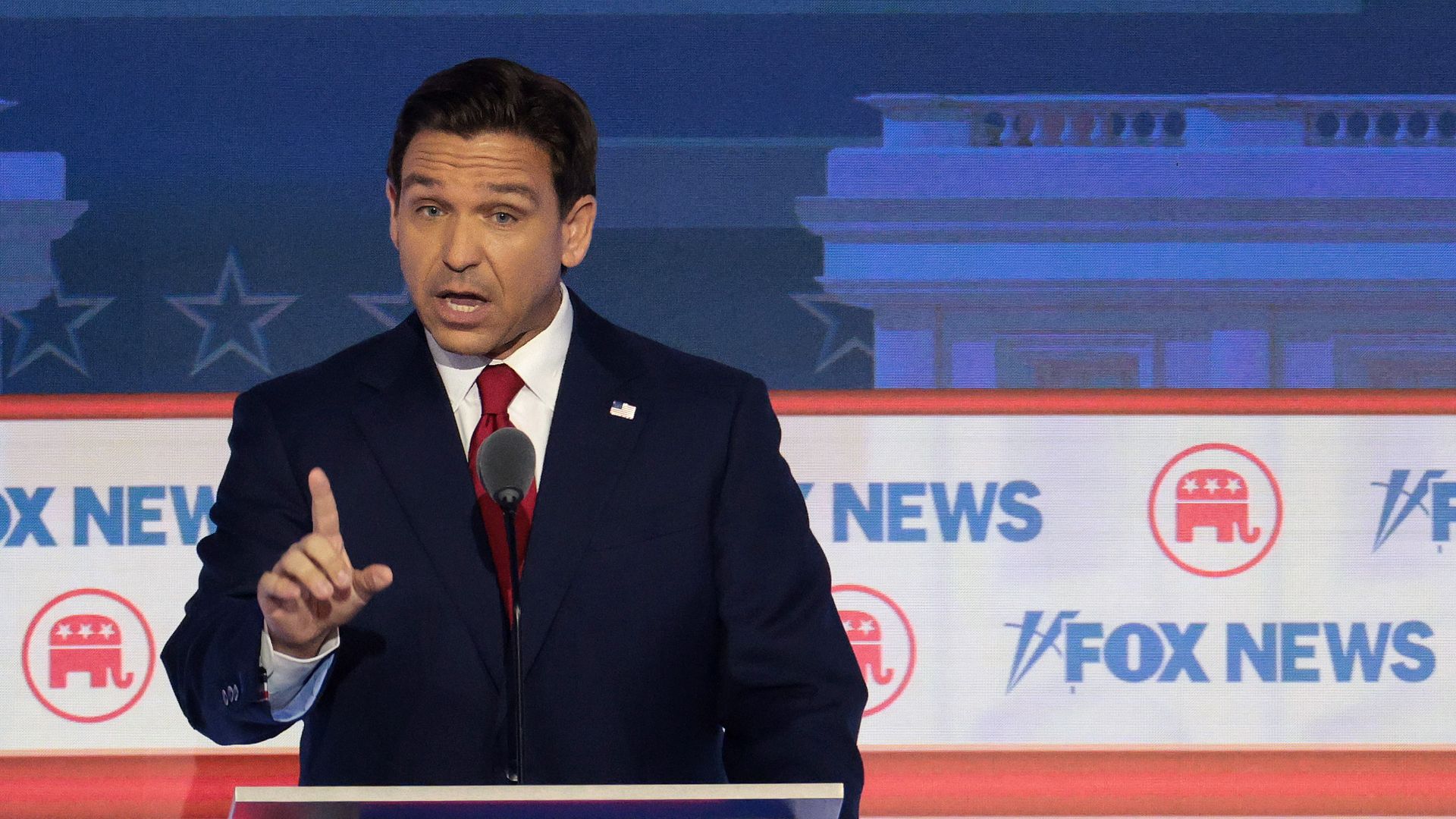 Republican presidential candidate, Florida Gov. Ron DeSantis participates in the first debate of the GOP primary season hosted by FOX News at the Fiserv Forum on August 23, 2023 in Milwaukee, Wisconsin. 