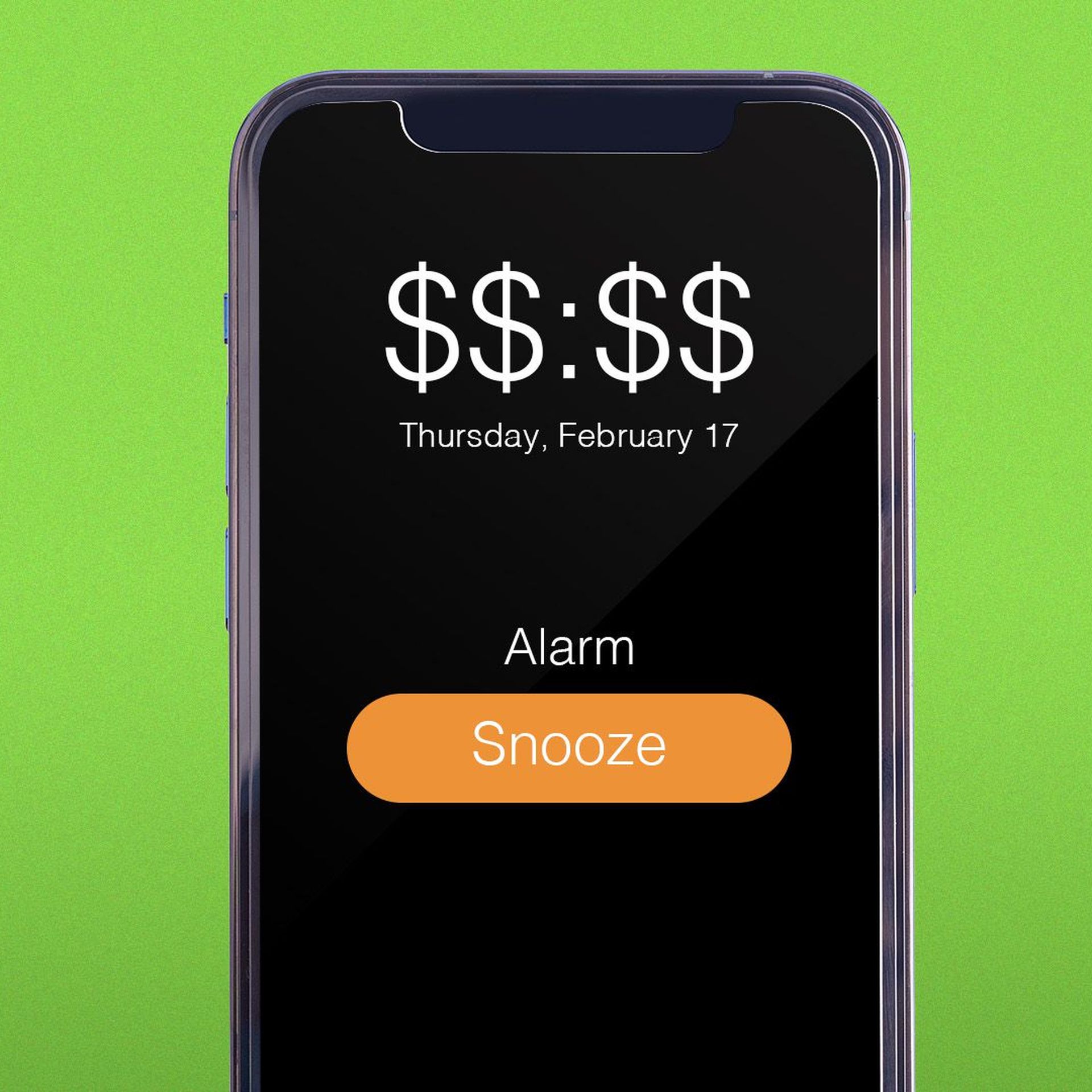 Illustration of an iPhone displaying the time "$$:$$" and an alarm snooze button.