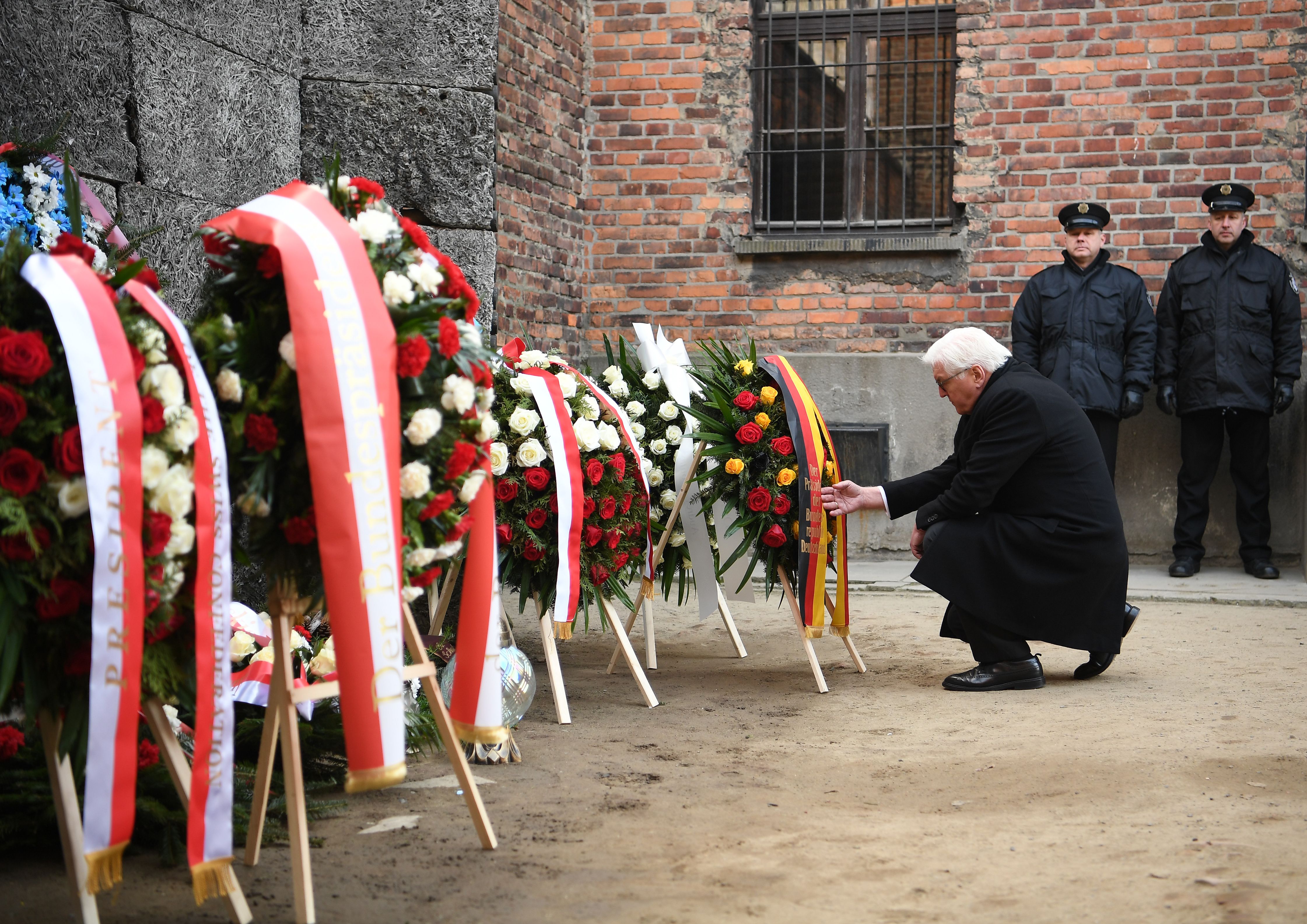 Frank-Walter Steinmeier, president of Germany, lays a wreath in commemoration