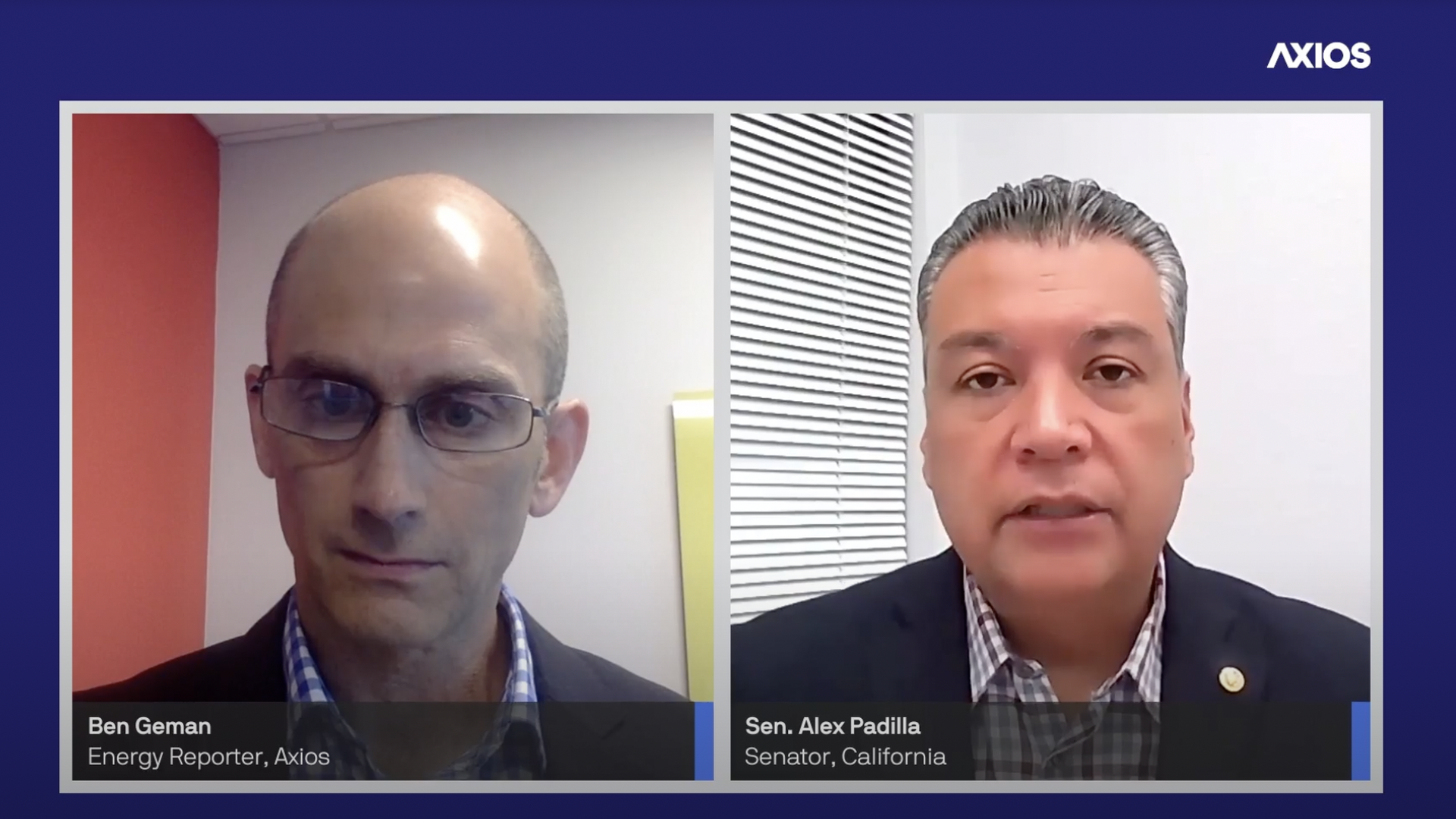Screenshot of Axios' Ben Geman interviewing Sen. Alex Padilla.