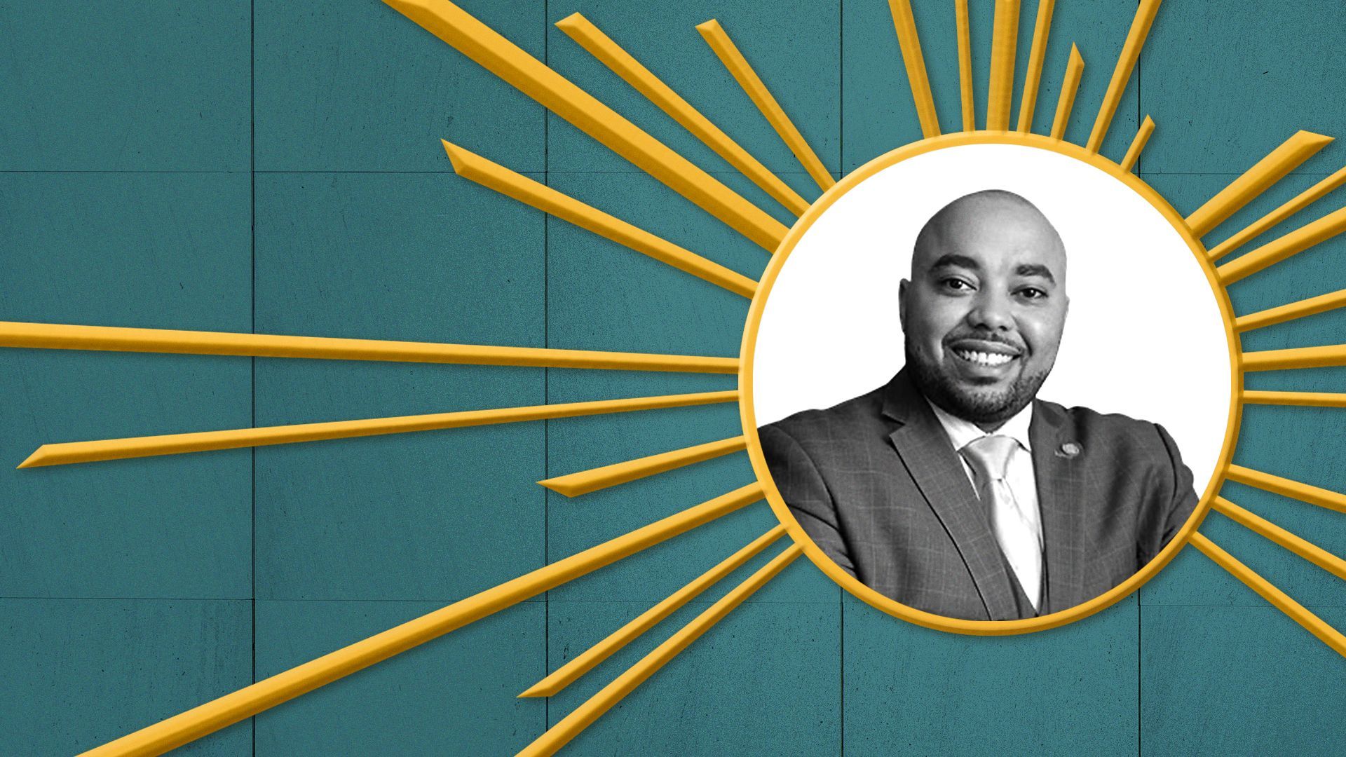 Photo illustration of Fred Durhal in the center of a gold frame with rays emanating, resembling the sphere from The Spirit of Detroit statue.