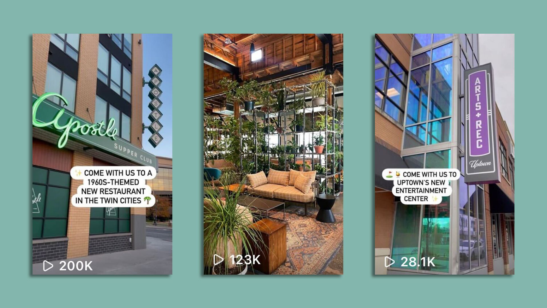 Three screenshots of the thumbnails of instagram reels. The first is a picture of Apostle Supper Club, the second is a plant-filled room with a couch, and the third is the exterior of Arts + Rec, 