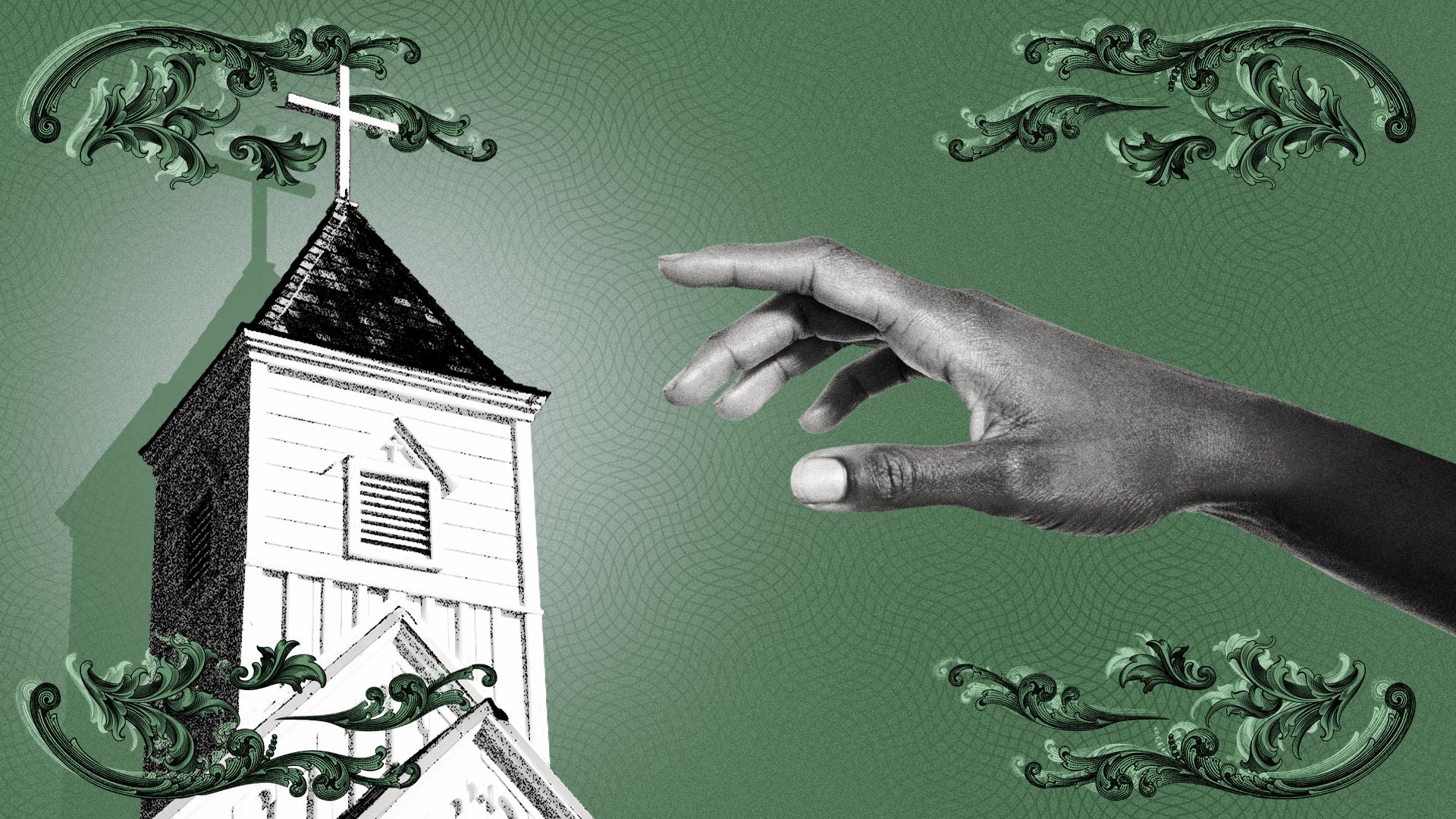 Illustrated collage of a hand reaching out to a church steeple surrounded by money textures and baroque money elements. 