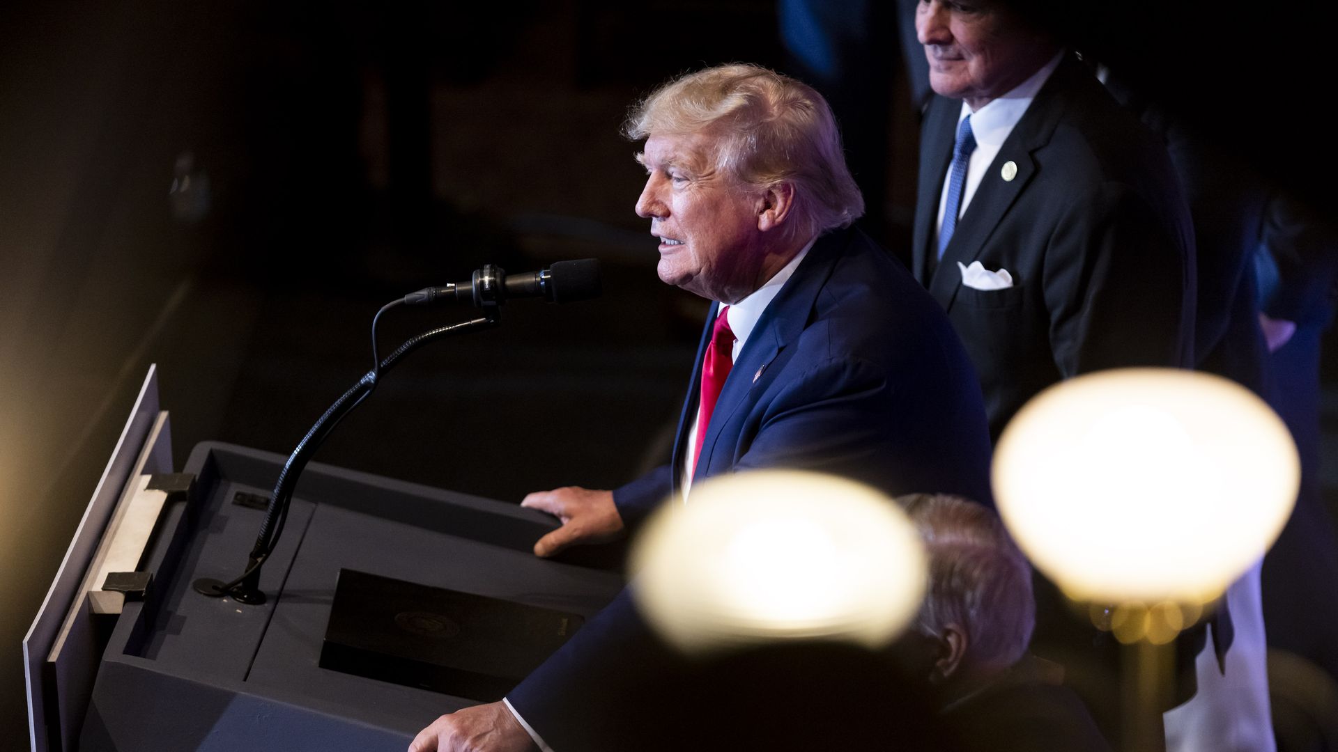 Former US President Donald Trump speaks during a campaign event at the South Carolina State House in Columbia, South Carolina, US, on Saturday, Jan. 28, 2023.