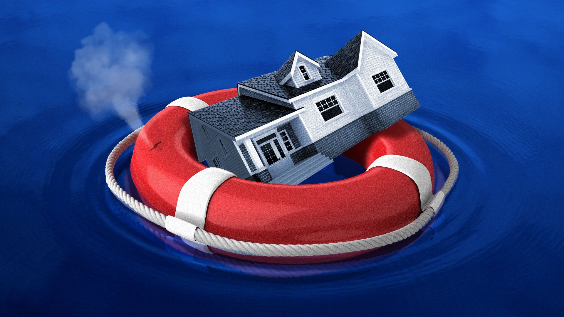 Illustration of a house in a deflating life preserver floating in water