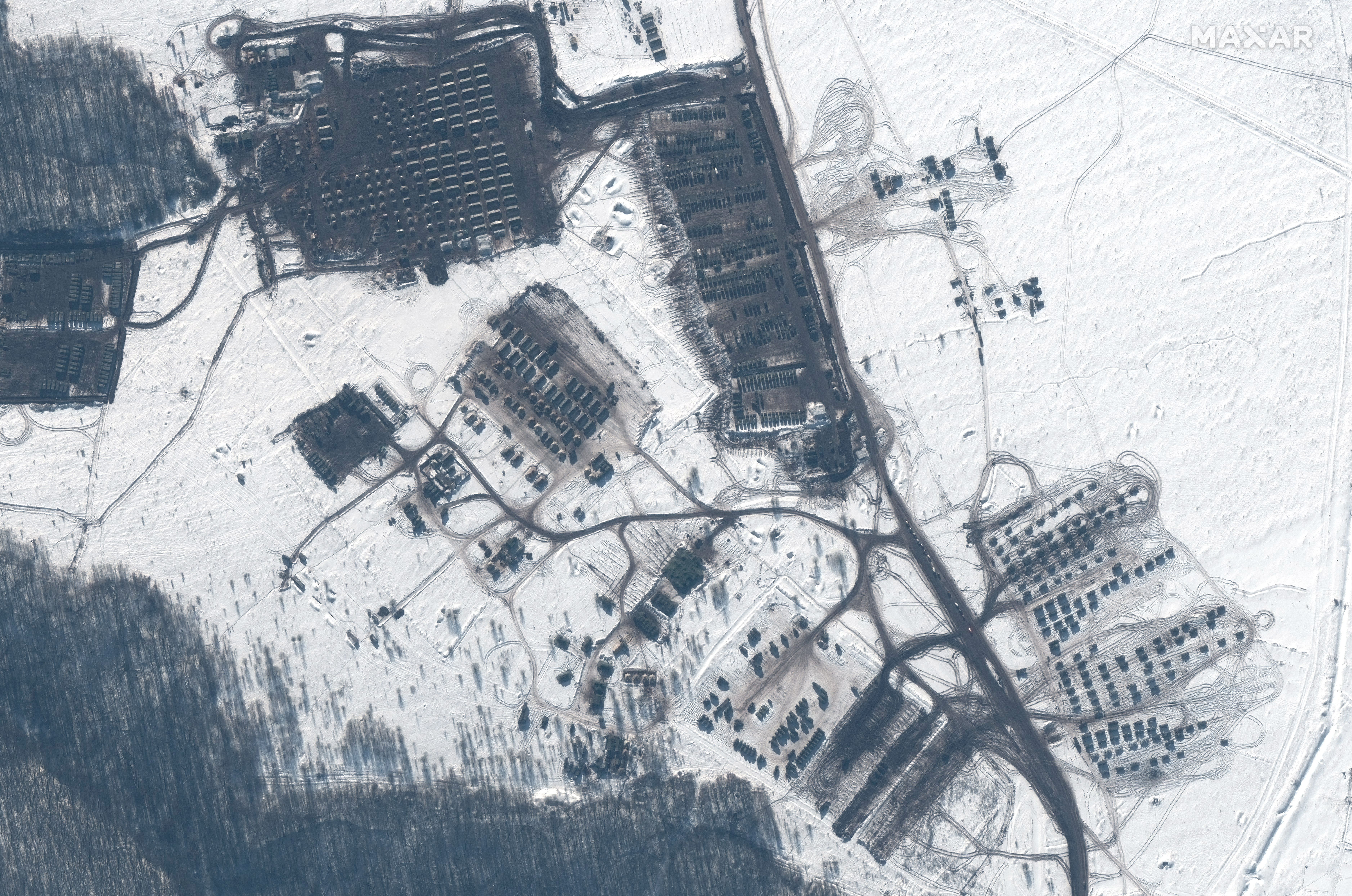 An image of troops and military equipment positioned near Kursk, Russia, captured on Feb. 16.