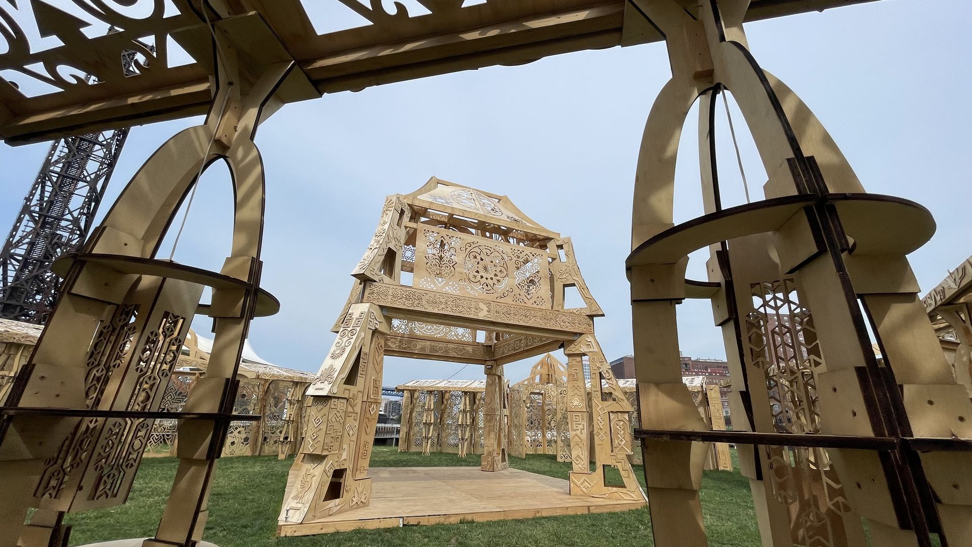Intricate wooden outdoor art installation. 