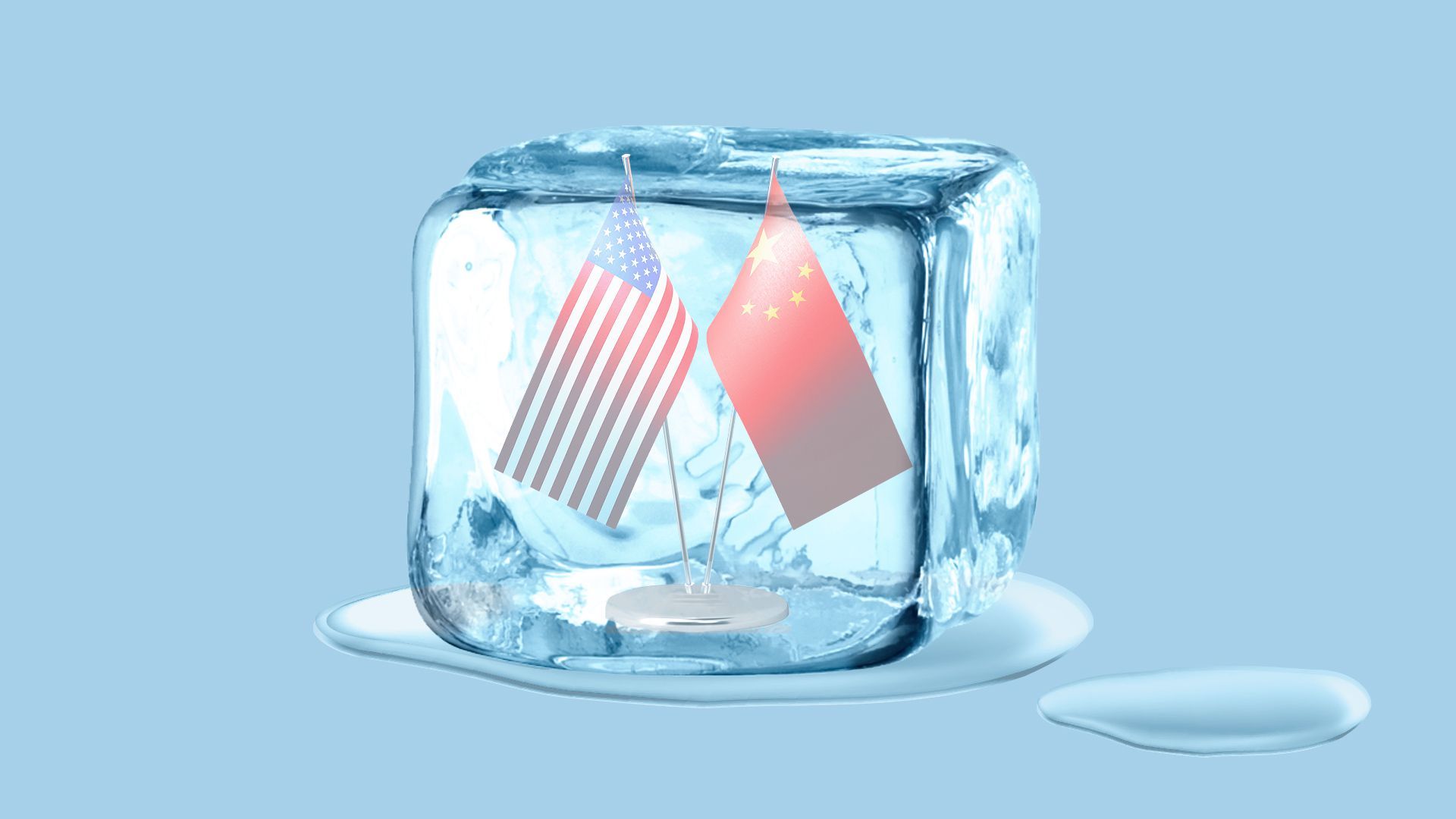 Illustration of the American and Chinese flags frozen in an ice cube.
