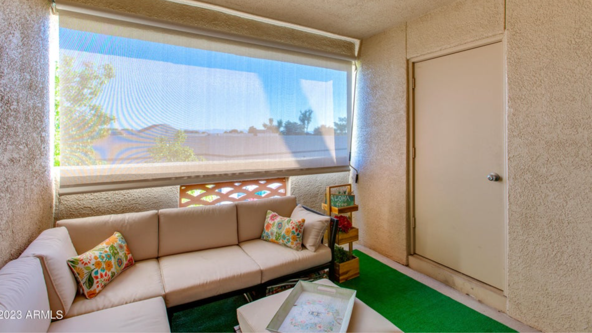 An outdoor patio with shade. 