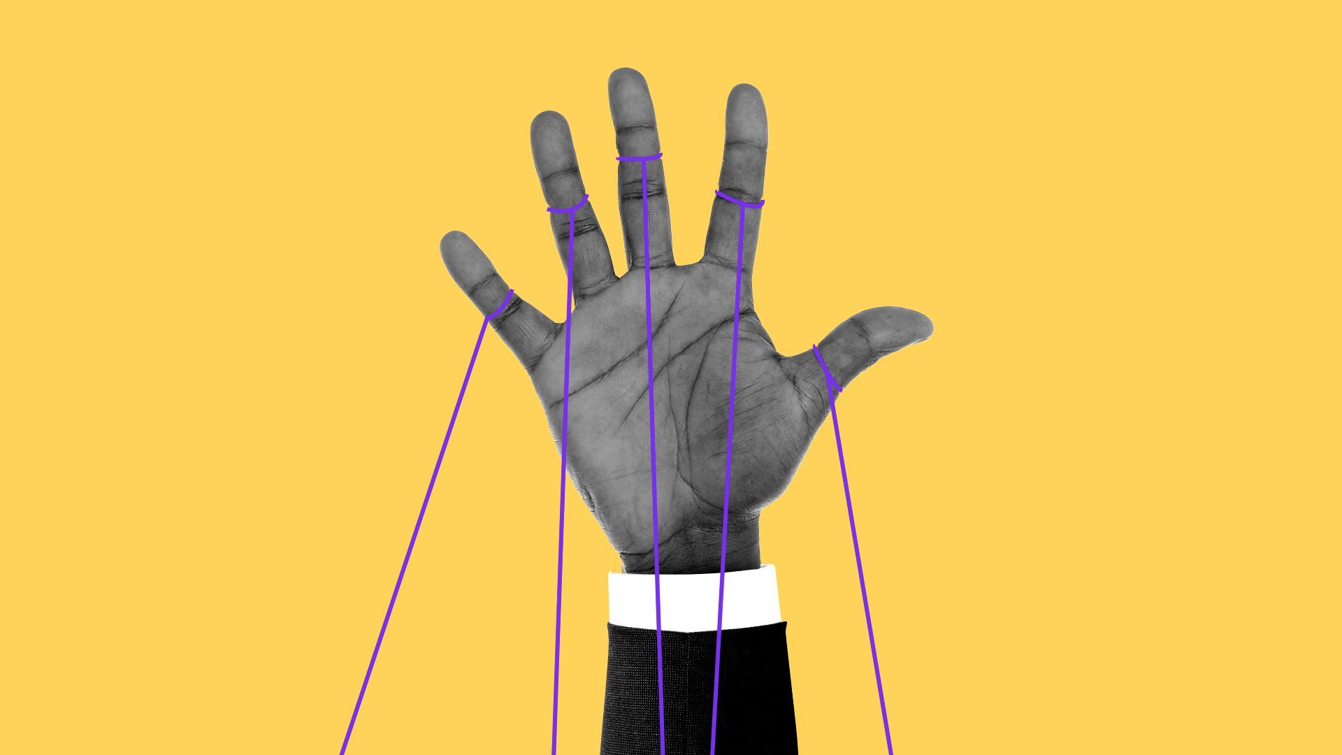 Illustration of a hand making a wait sign with strings trying to pull the fingers down. 
